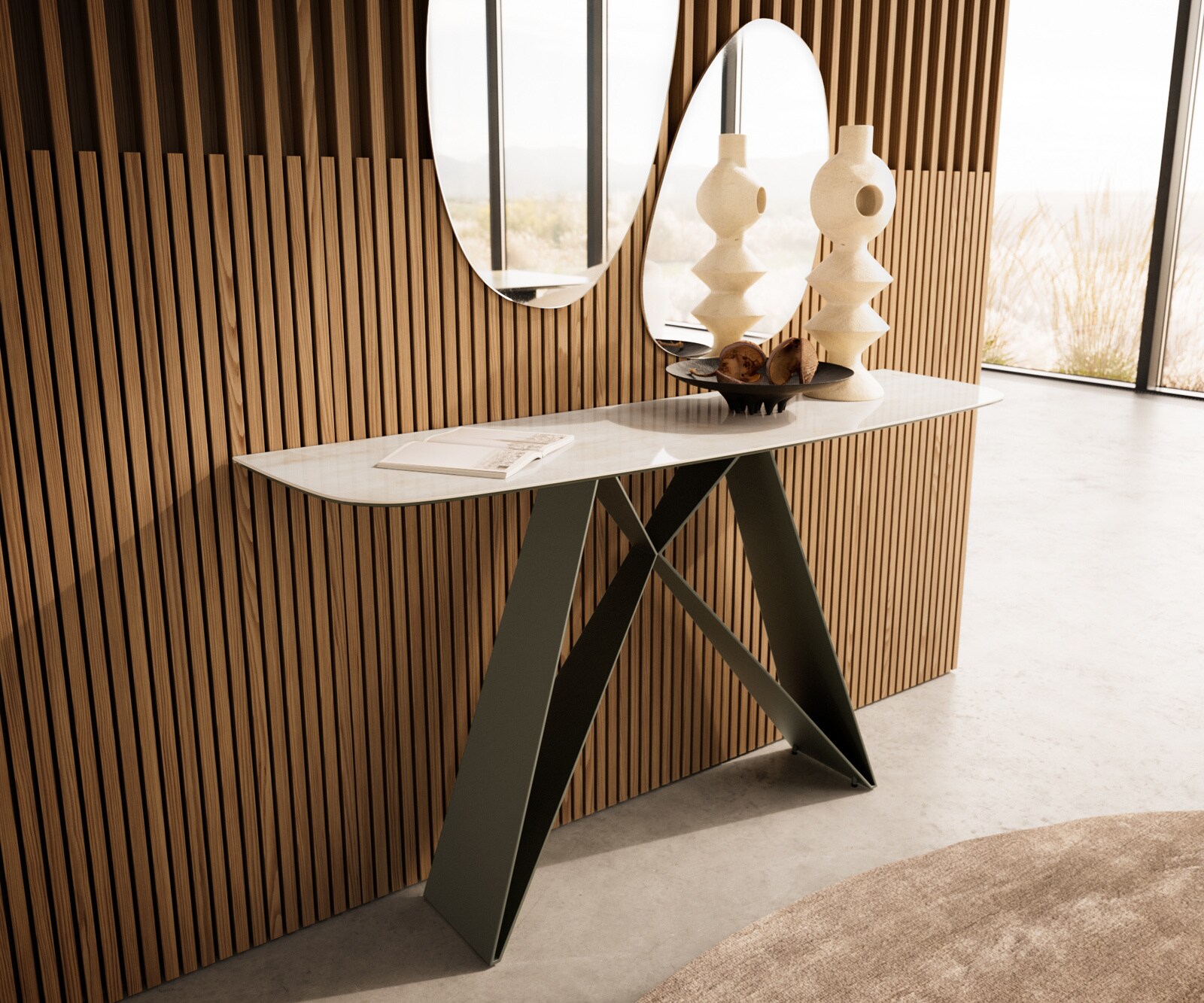 Konsolentisch Edge Boot 140x40 cm Keramik Onyx Champagne Velio Metall Effektfinish Titan 4