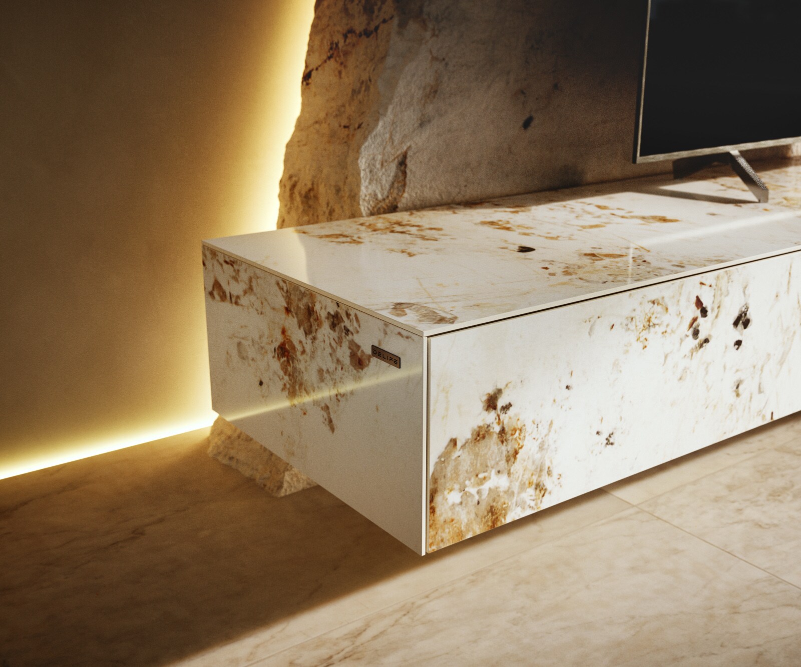 Meuble-TV Cuor 200 cm Céramique Minas Melange Blanc-beige 1 Clapet 1 Tiroir Pied optique flottant Ancier inoxydable 6