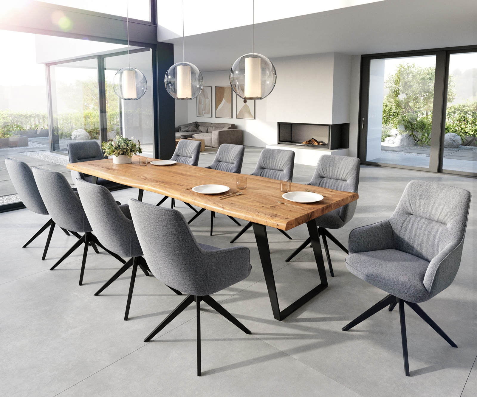 Esszimmerstuhl Zelia-Flex mit Armlehnen Strukturstoff Hellgrau Kreuzgestell breit Schwarz Taschenfederkern 4