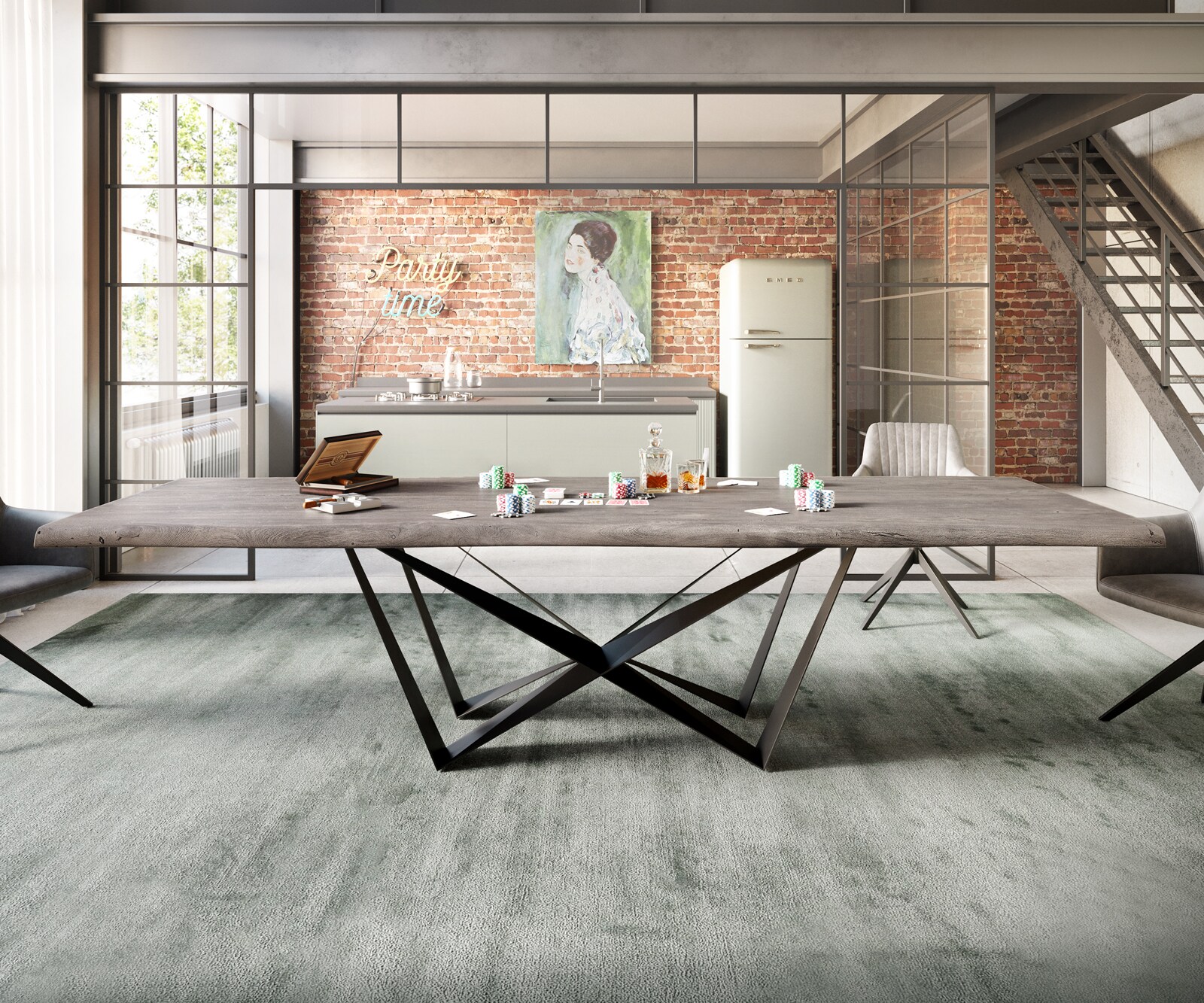 Esstisch Edge 300x100 XL Akazie Platin Spider Flachstahl Schwarz Live-Edge 6