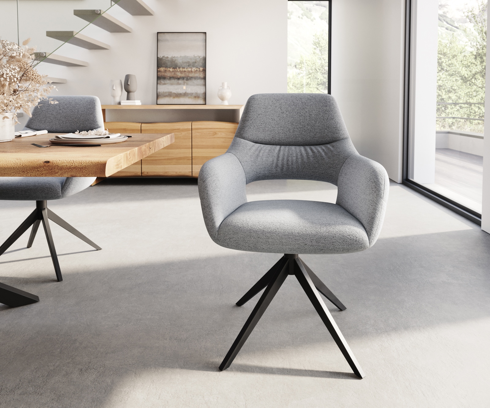 Esszimmerstuhl Yago-Flex mit Armlehnen Strukturstoff Hellgrau Kreuzgestell breit Schwarz Taschenfederkern 1 Esszimmerstuhl Yago-Flex mit Armlehnen Strukturstoff Hellgrau Kreuzgestell breit Schwarz Taschenfederkern 1