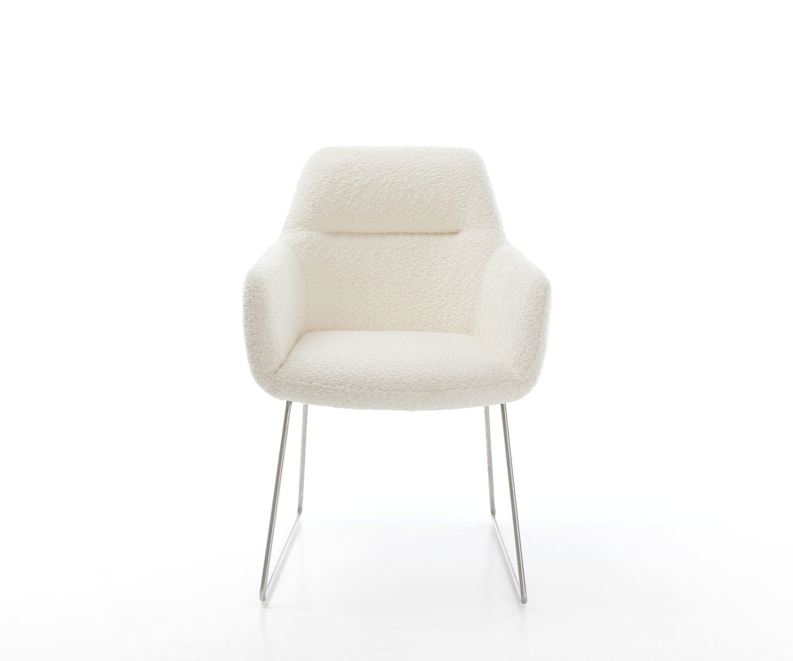 Chaise-de-salle-à-manger Pejo-Flex bouclé blanc pied trapèze acier inoxydable brossé ressorts ensachés 1