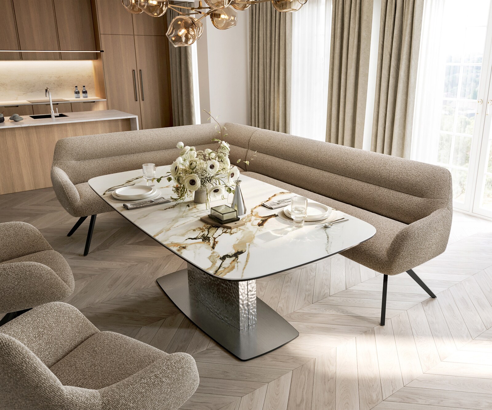 Esszimmerbank Taya-Flex 285x190 cm Bouclé Schlamm Kreuzgestell kantig Schwarz Taschenfederkern Rechts