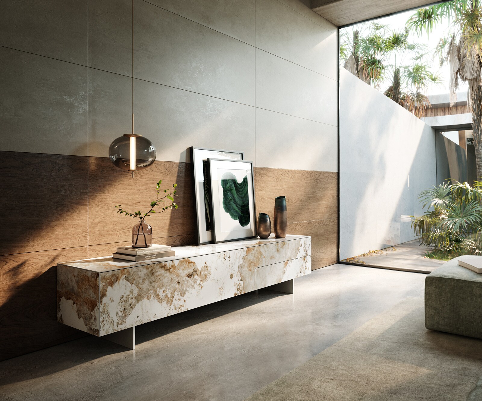 Meuble-TV Cuor 220 cm Céramique Minas Melange Blanc-beige 1 Clapet 2 Tiroirs Pied optique flottant Ancier inoxydable 1
