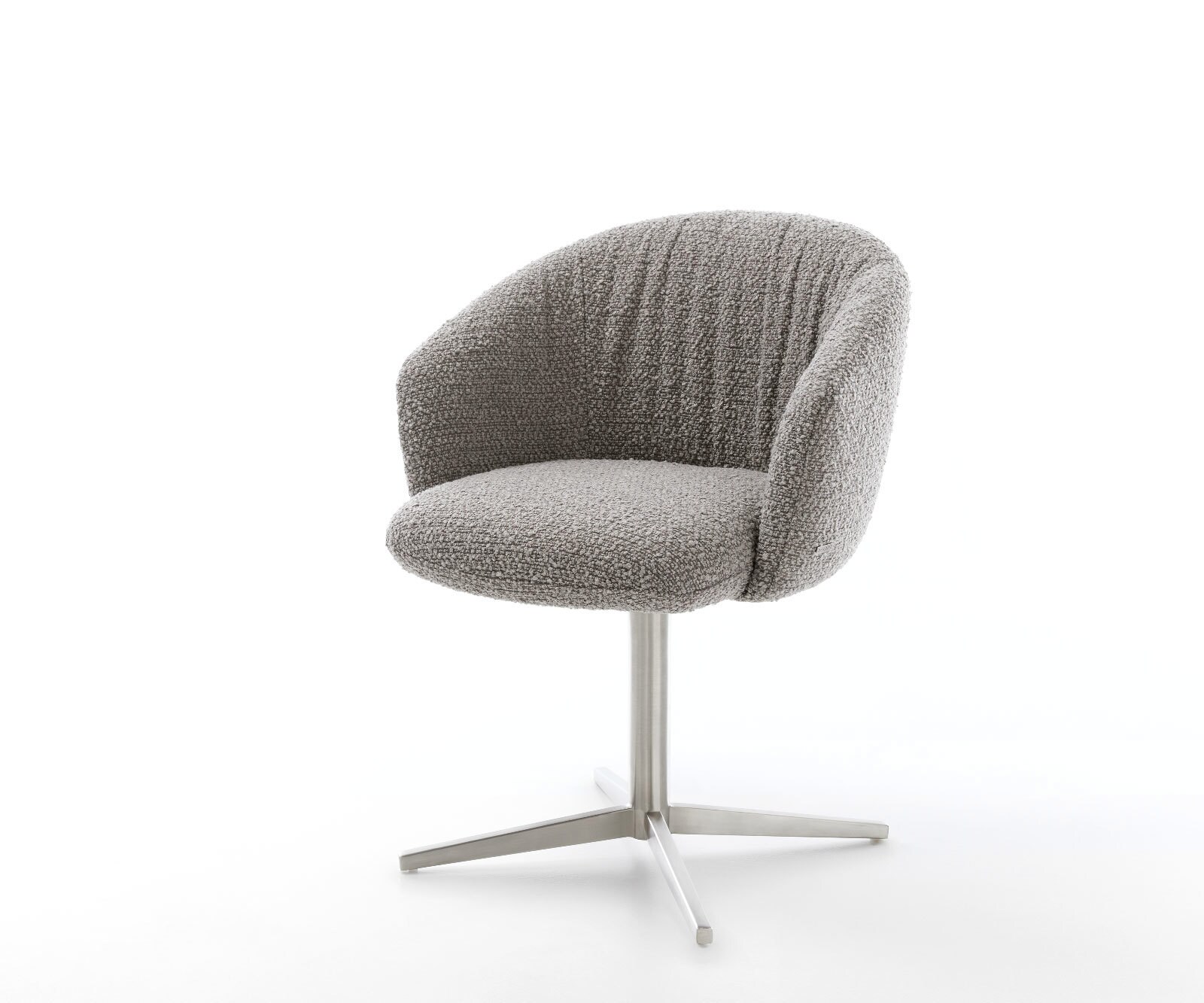 Chaise-pivotante Caja-Flex avec accoudoirs bouclé gris argenté pied de chaise 4 branches acier inoxydable brossé pivotement sur 360° ressorts ensachés