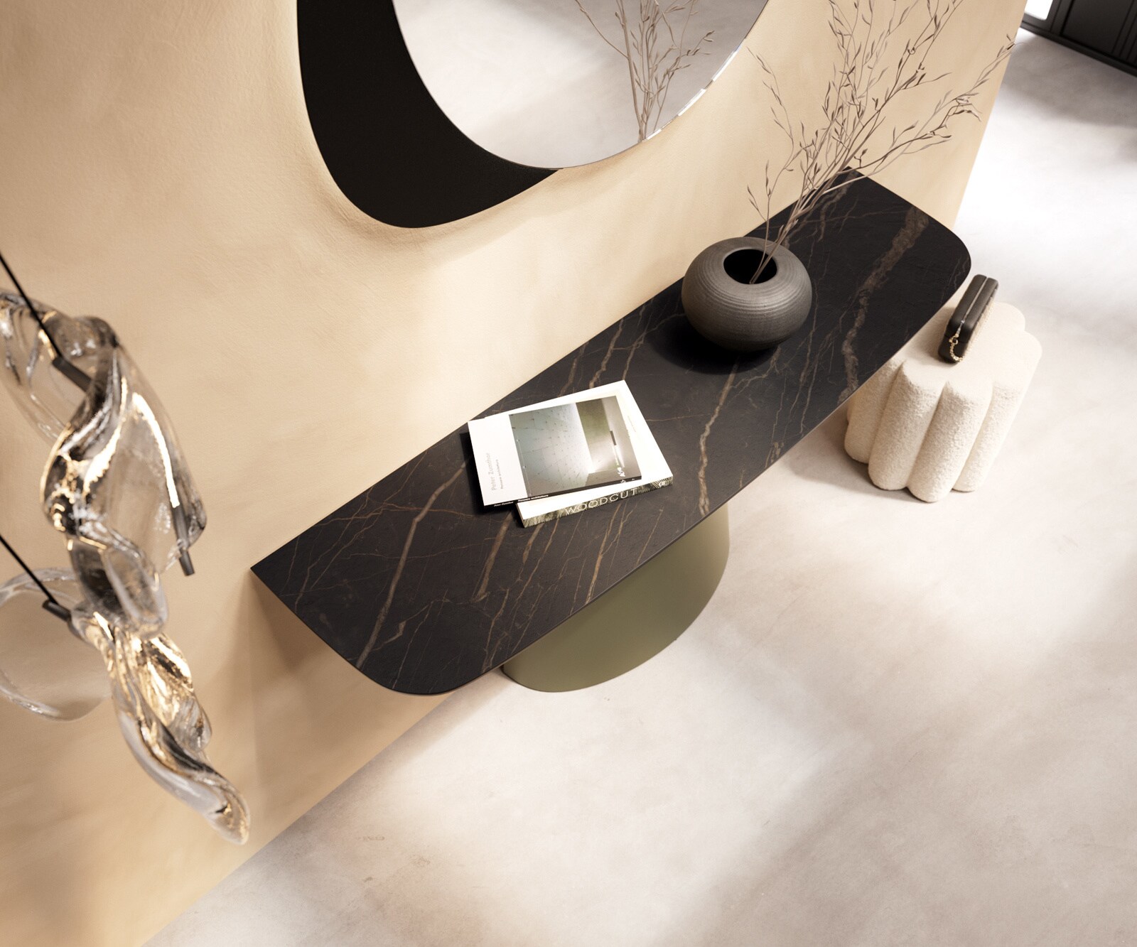 Console Edge forme bateau 140x40 cm Céramique Laminam® Noir Desir Braun Conos Métal Effektfinish Titan 3