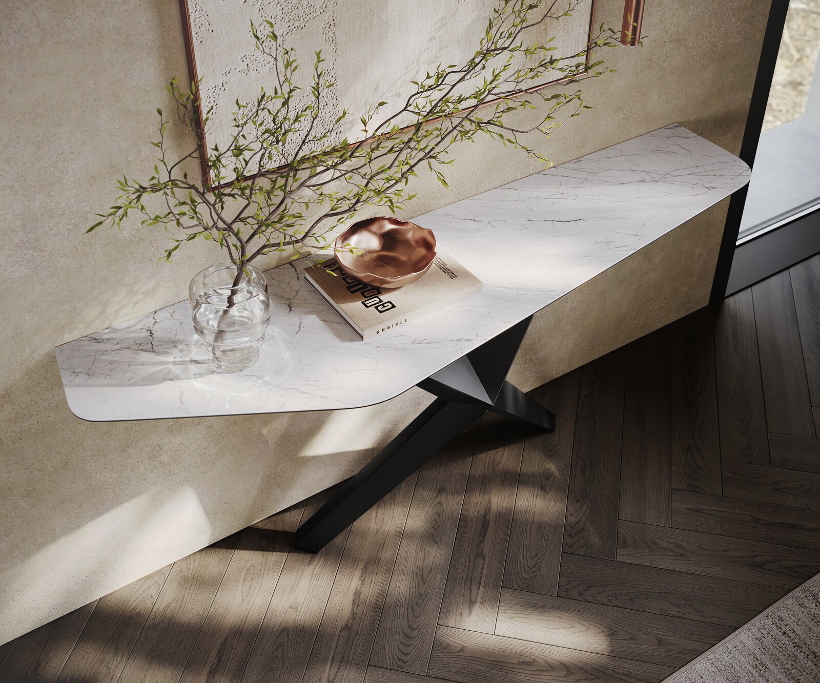 Konsolentisch Edge Polygonal 180x50 cm Keramik Laminam® Statuarietto Weiß Zentharo Metall Schwarz 2