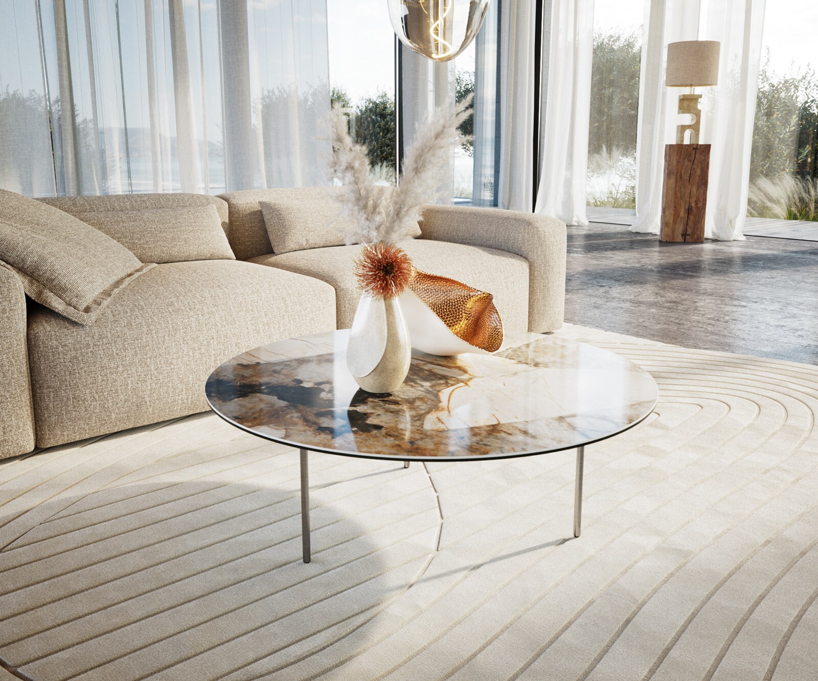 Couchtisch Edge Rund 100x100 cm Keramik Patagonia Poliert Trive Edelstahl gebürstet