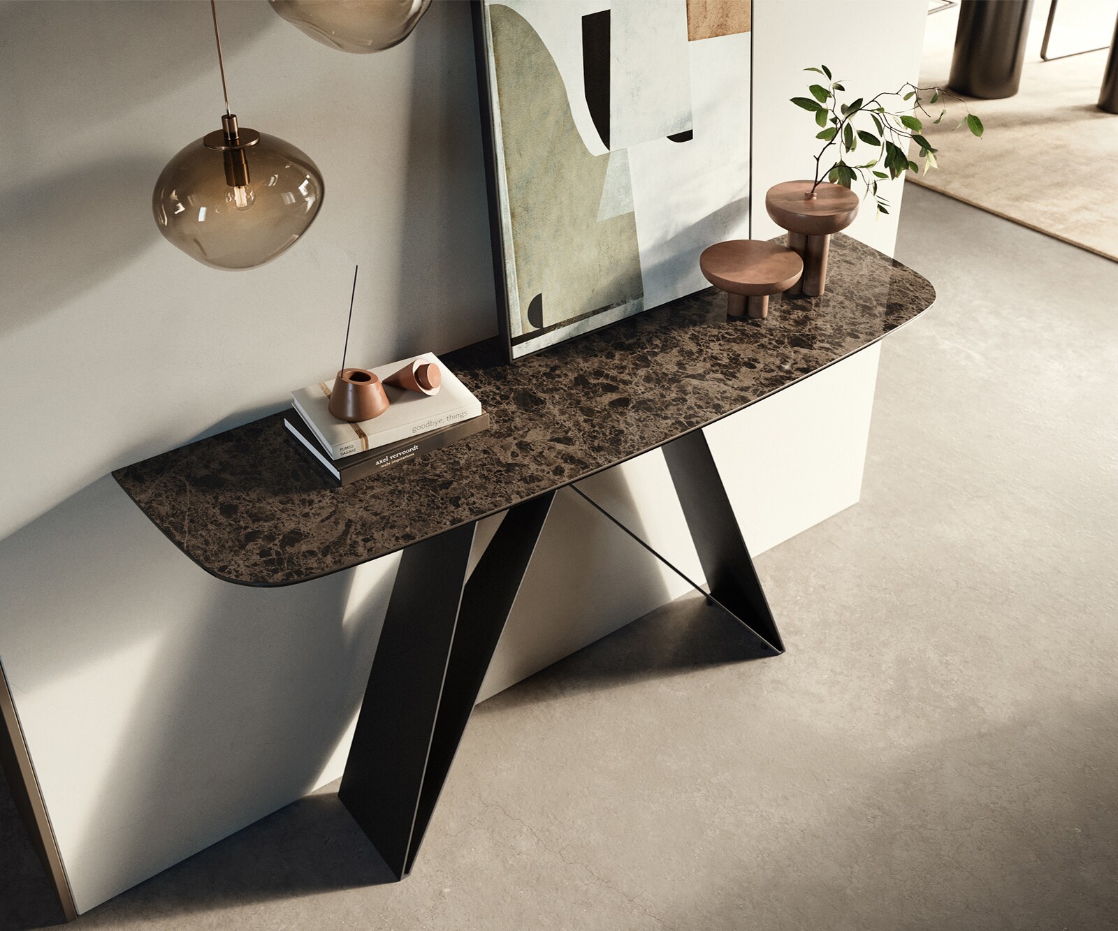 Console Edge forme bateau 140x40 cm Céramique Emperador Extra Lucidato Dunkelbraun Velio Métal Noir 2
