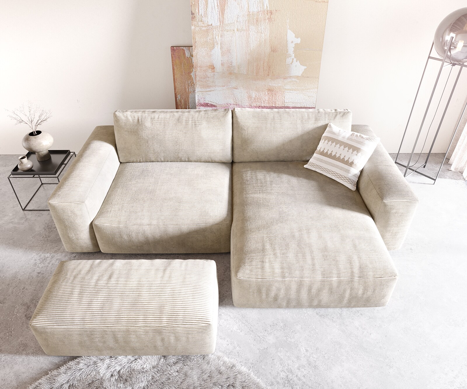 Canapé d'angle Lanzo XL 270x180 cm Velours côtelé Beige Recamière variable avec Tabouret 3
