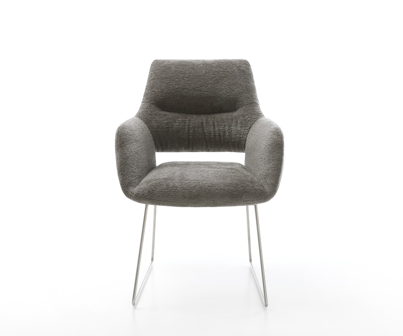 Chaise-de-salle-à-manger Yago-Flex avec accoudoirs bouclé doux couleur boue pied trapèze acier inoxydable resorts ensachés 1