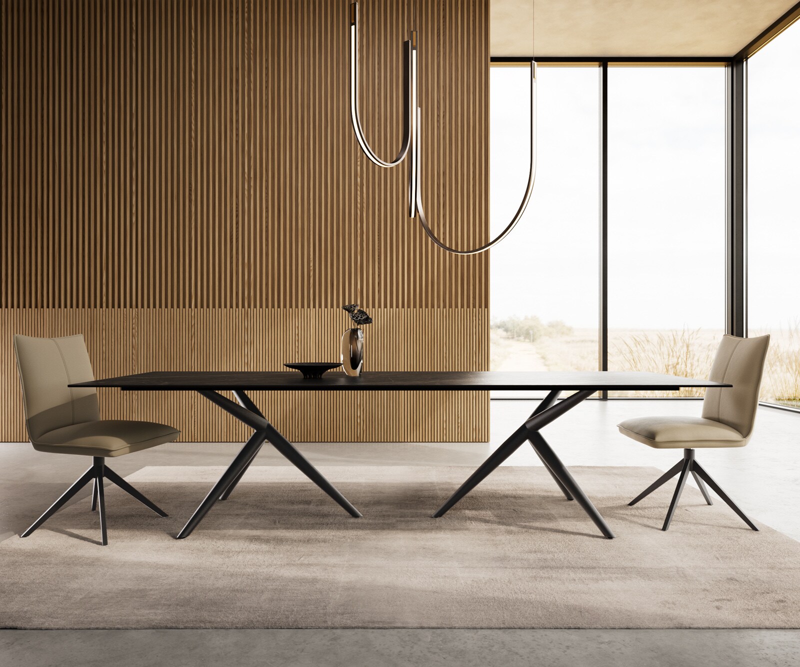 Esstisch Edge 300x100 Keramik Laminam®Noir Desir Braun Estelar rund Metall Schwarz 1