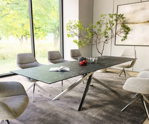 Table-à-manger Edge 300x100cm Laminam® céramique gris pieds milieu croisé argent