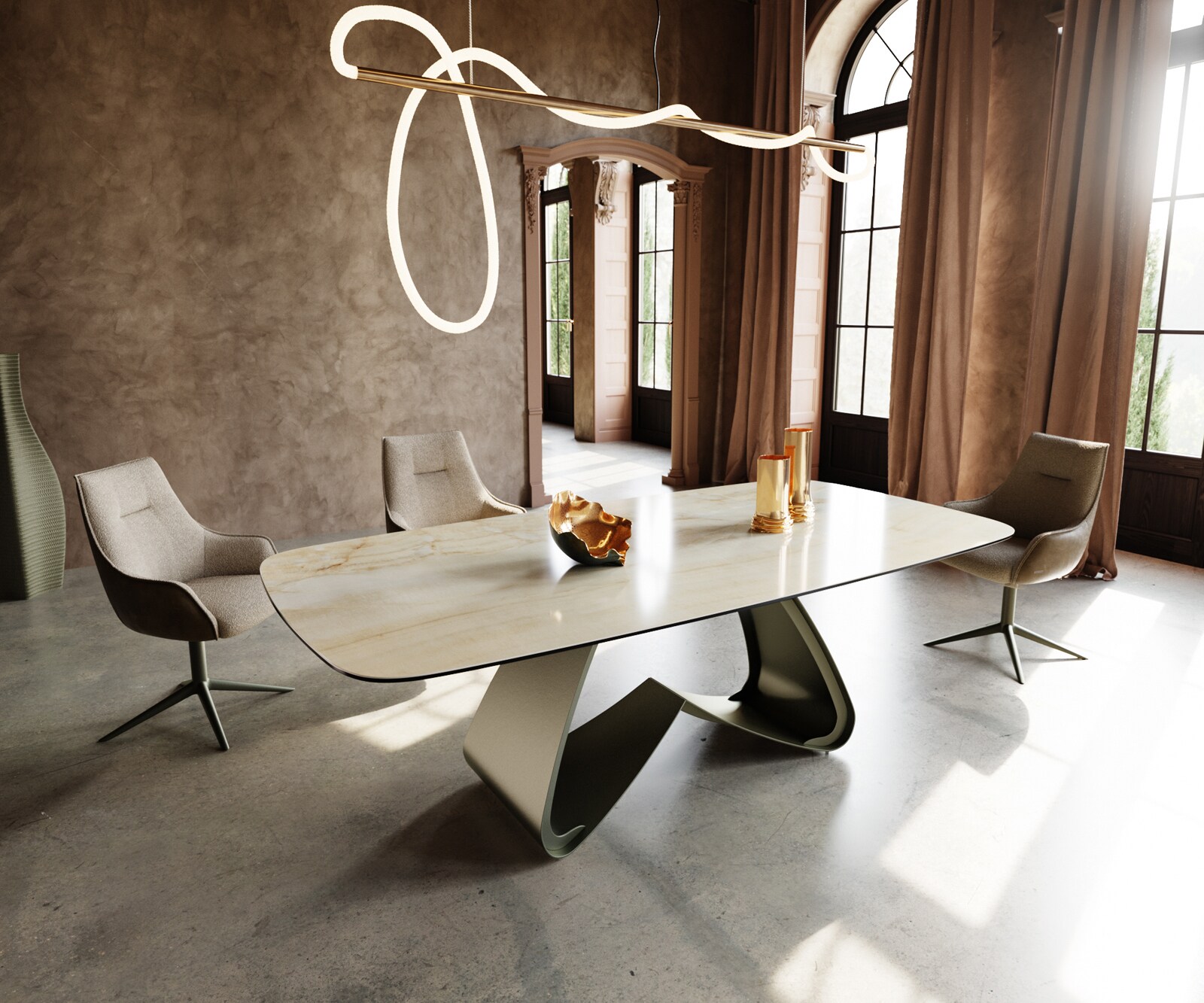 Table à manger Edge Boot 240x120 cm Céramique Iris FMG Onice Oro piètement en W Métal Finition effet Titan