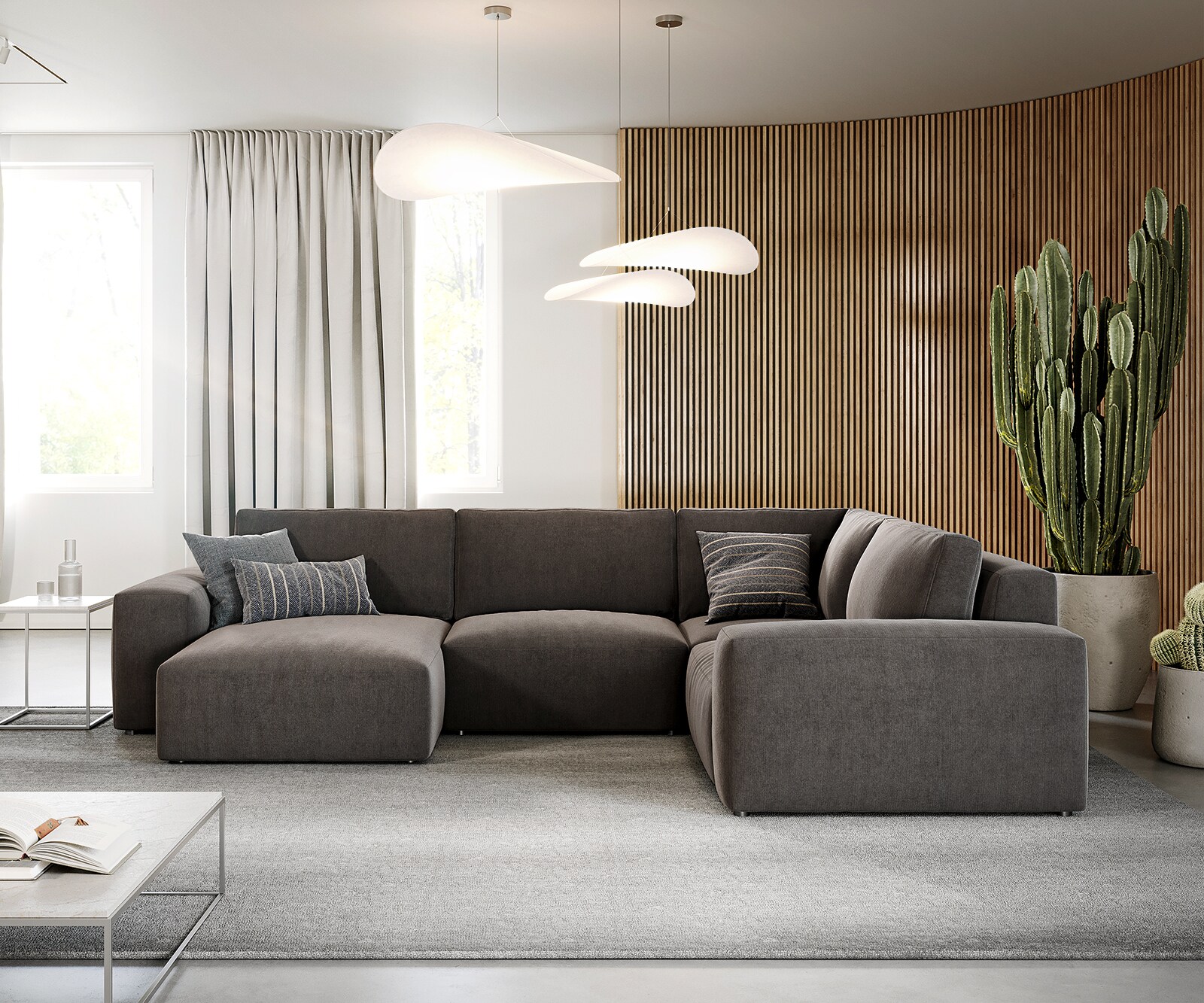 Wohnlandschaft Lanzo 300x210 cm Mikrofaser Khakibraun Recamiere variabel 1