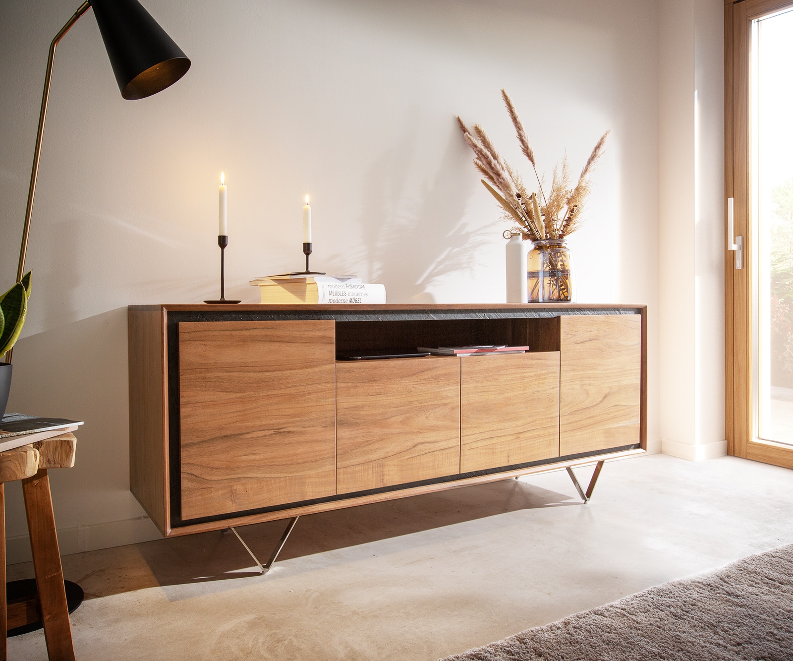 Buffet Stonegrace 175 cm acacia nature 4 portes 1 compartiment placage en pierre pieds en V Buffet Stonegrace 175 cm acacia nature 4 portes 1 compartiment placage en pierre pieds en V