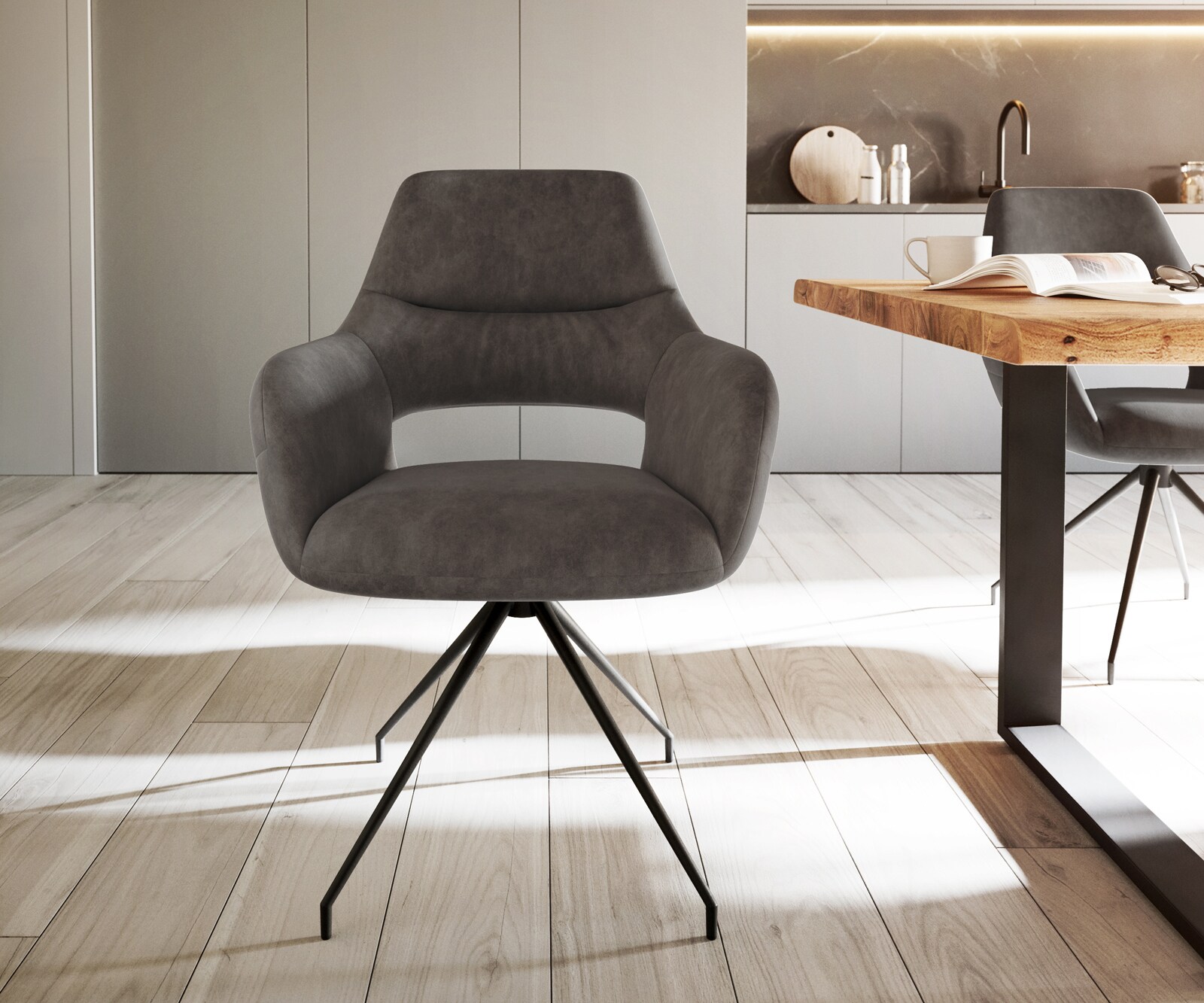 Chaise-de-salle-à-manger Yago-Flex avec accoudoirs microvelours anthracite vintage pied croisé conique noir ressorts ensachés 1