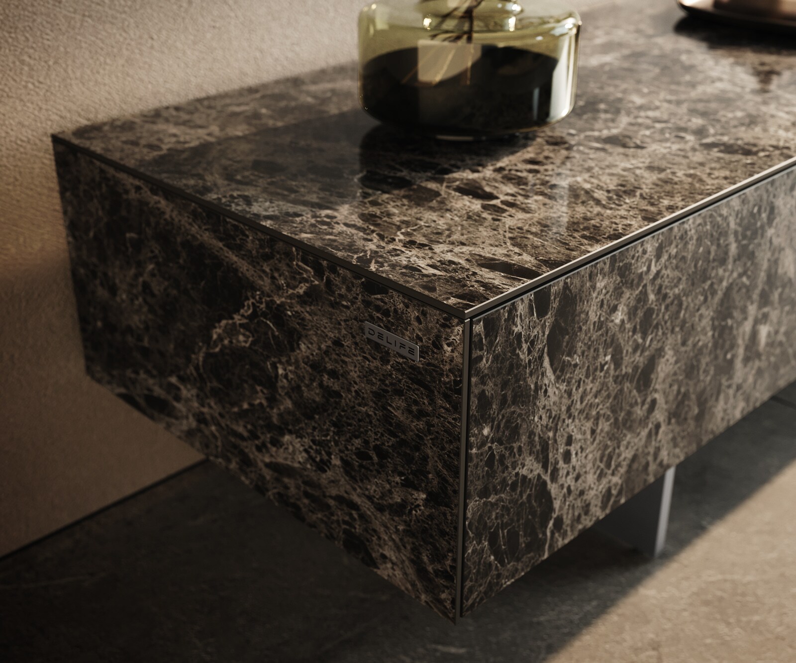 Lowboard Cuor 250 cm Keramik Laminam® Emperador Extra Lucidato Dunkelbraun 1 Klappe 1 Schubfach Fuß Schwebeoptik Edelstahl 6