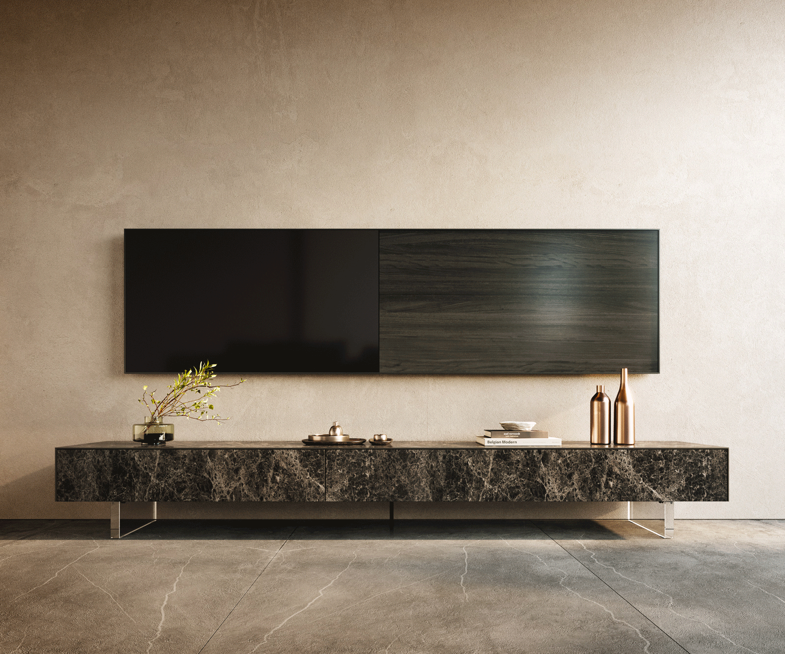 Lowboard Cuor 250 cm Keramik Laminam® Emperador Extra Lucidato Dunkelbraun 1 Klappe 1 Schubfach Fuß Schwebeoptik Acrylglas 1