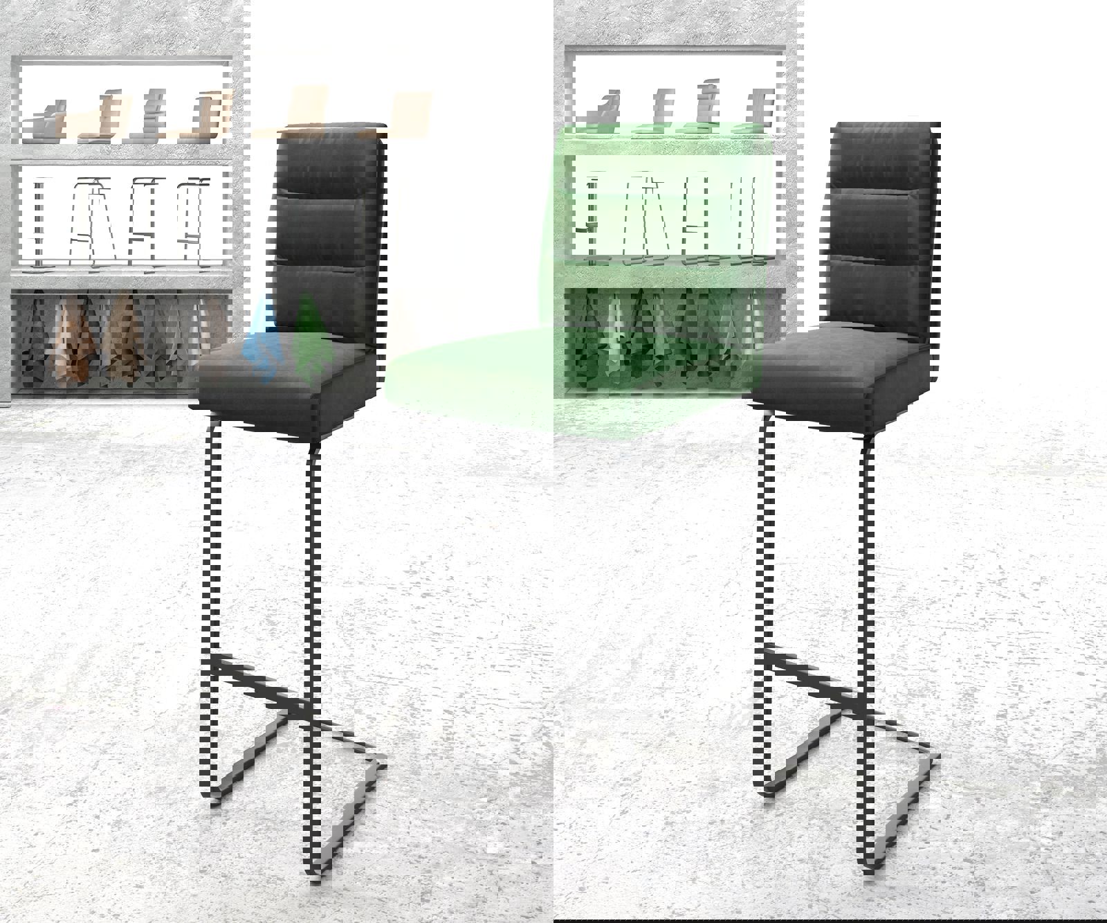 Barstuhl Pela-Flex Samt Grün Freischwinger flach Metall Barstuhl Pela-Flex Samt Grün Freischwinger flach Metall