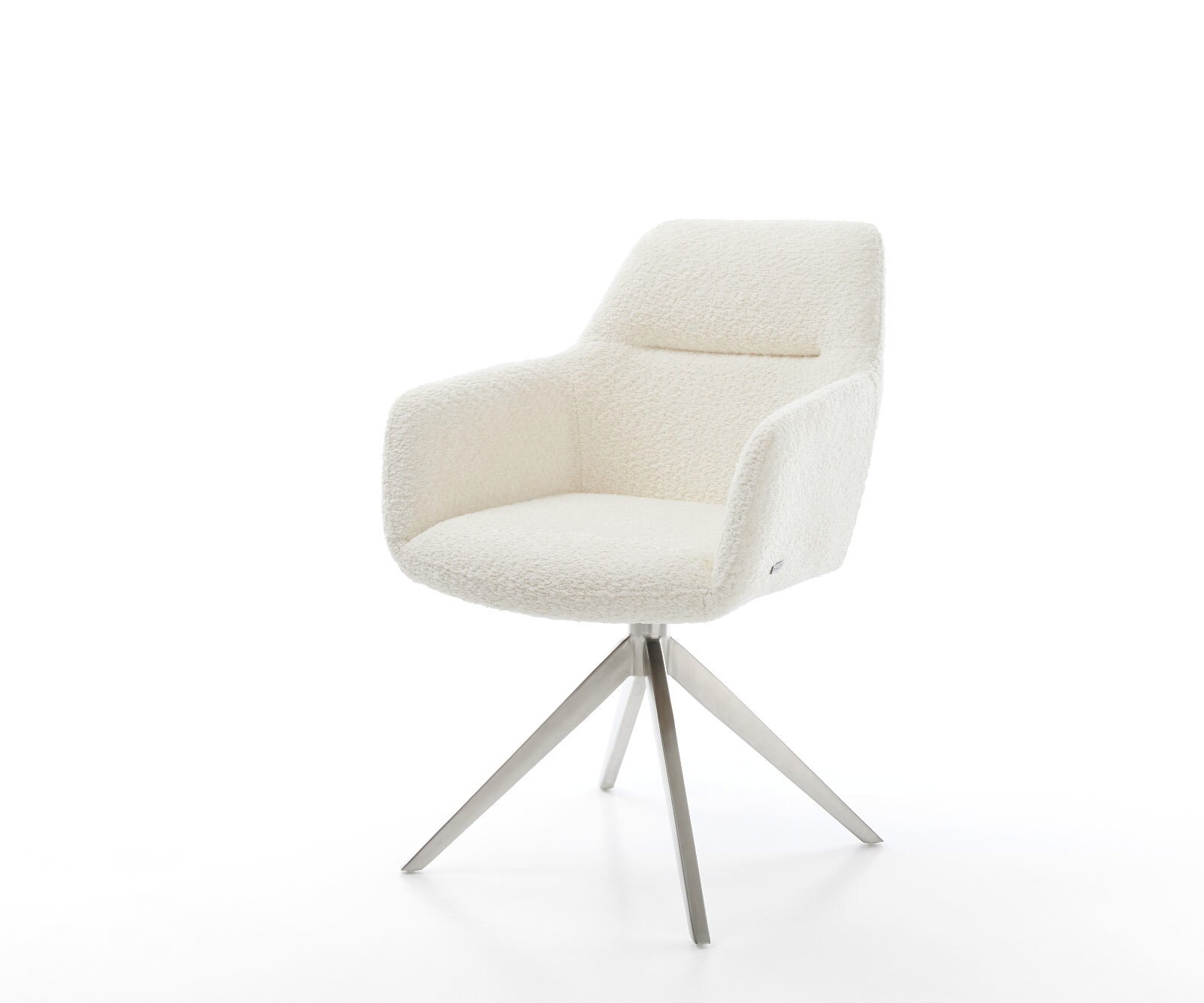 Chaise-pivotante Pejo-Flex bouclé blanc pied croisé large acier inoxydable brossé pivotement sur 360° fonction bascule ressorts ensachés