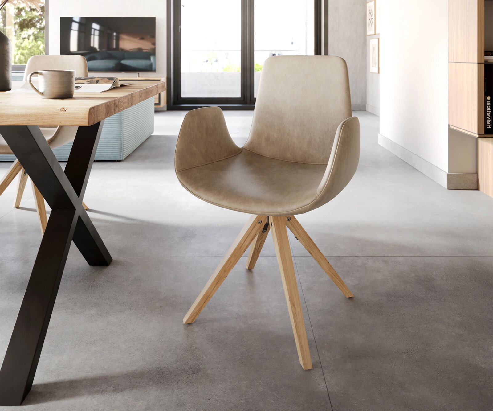 Chaise-pivotante Ilia-Flex avec accoudoirs beige vintage cadre en bois angulaire pivote sur 180°