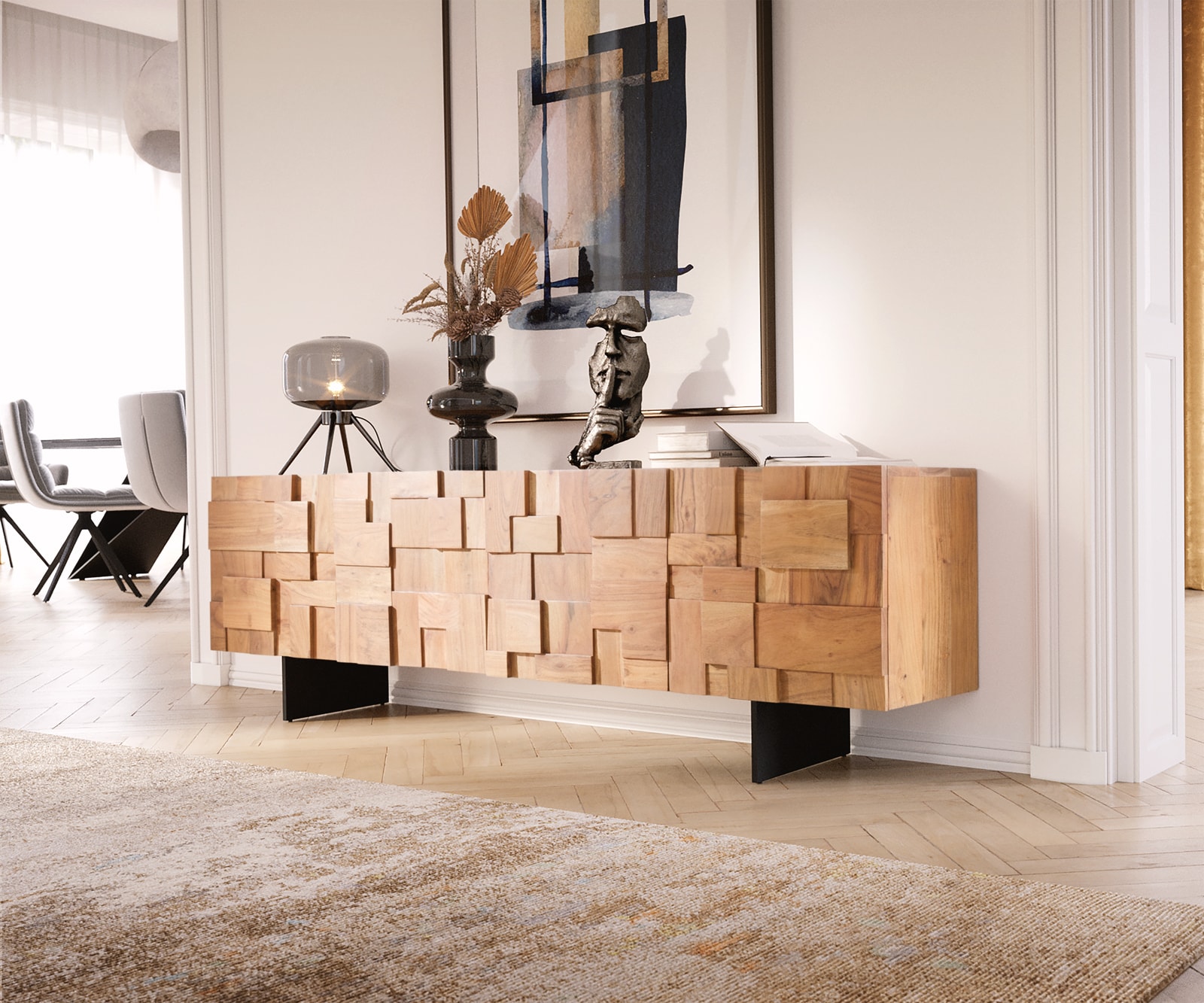 Lowboard Puzzle 175 cm 4 Türen Akazie Natur Fuß schwebend Metall schwarz Lowboard Puzzle 175 cm 4 Türen Akazie Natur Fuß schwebend Metall schwarz