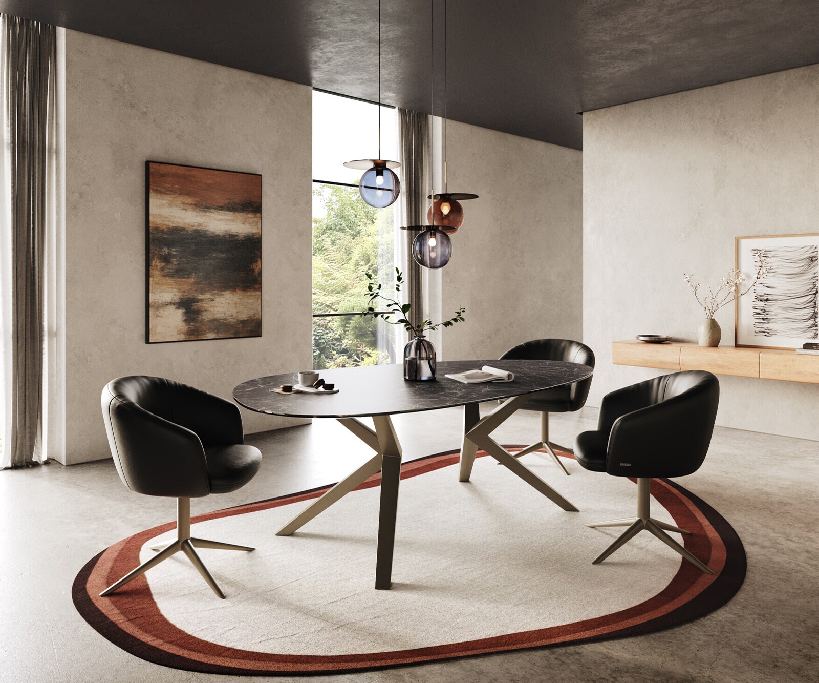 Esstisch Edge Oval 220x120 Keramik Laminam® Nero Greco Anthrazit Zenthara kantig Metall Effektfinish Titan 6