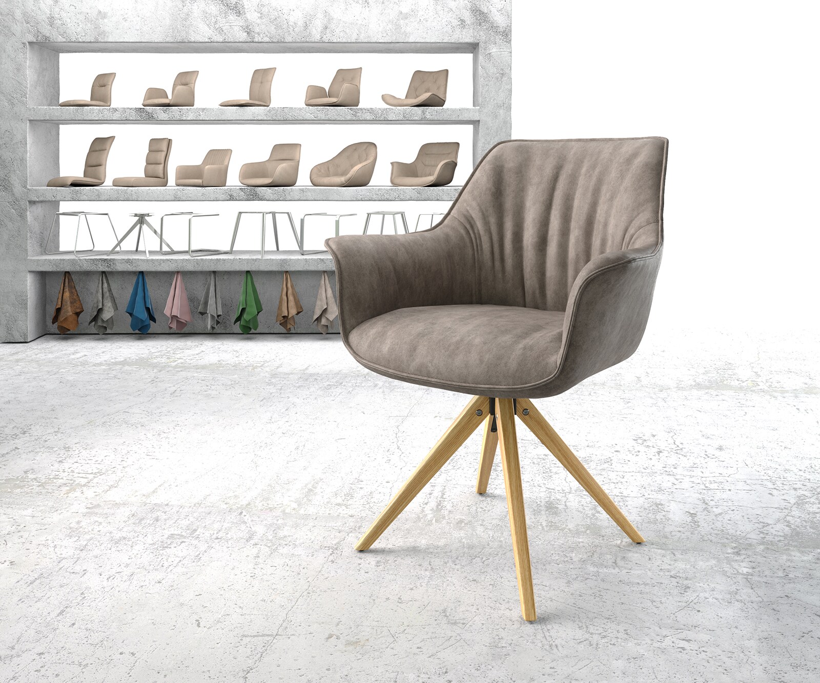Esszimmerstuhl Keila-Flex mit Armlehnen Mikrofaser Taupe Vintage Holzgestell kantig Natur