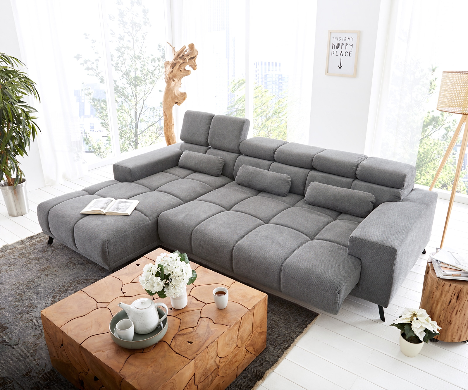 Ecksofa Ordino 285x200 Mikrofaser Grau Ottomane links elektrische Sitztiefenverstellung 6
