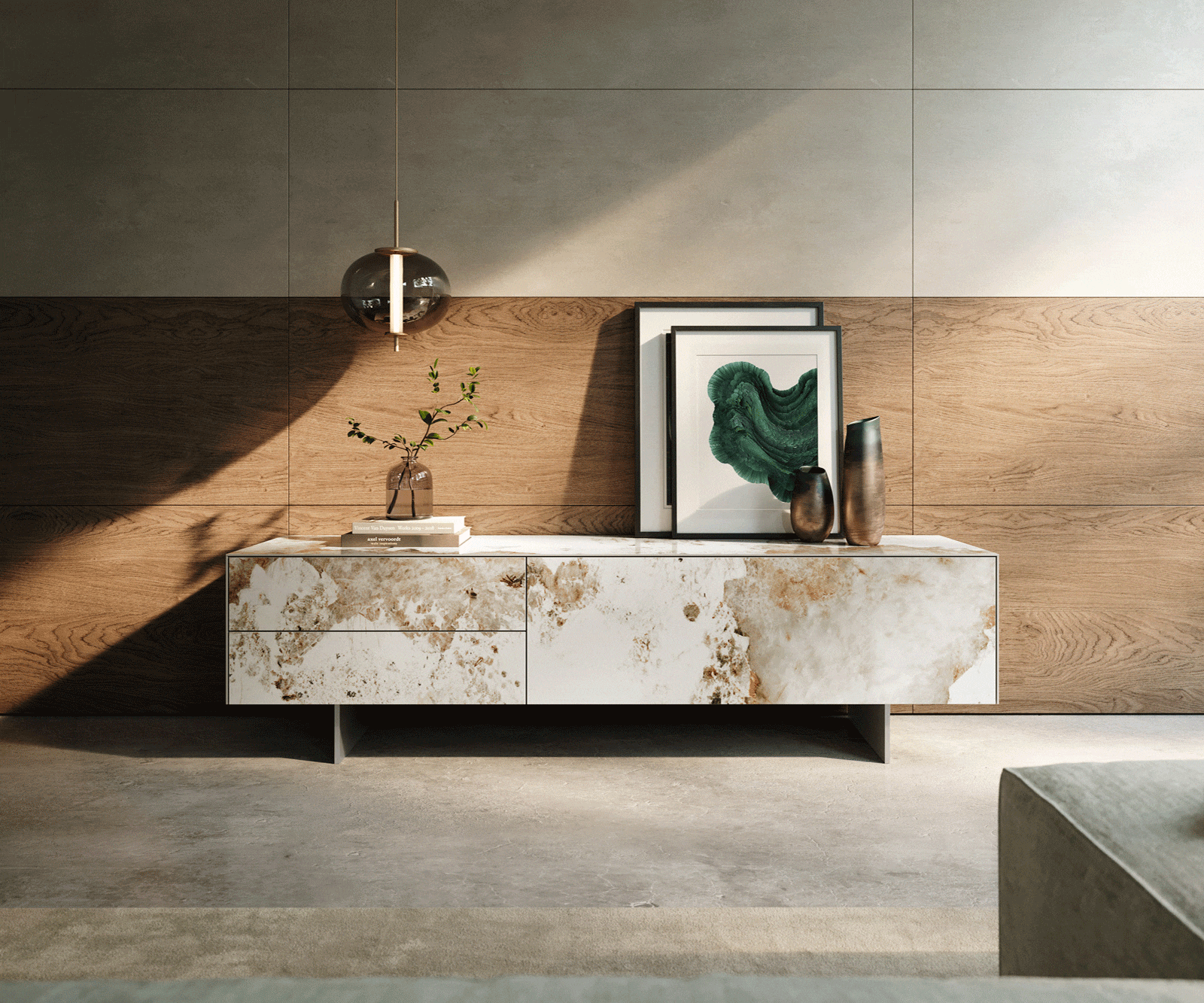 Meuble-TV Cuor 180 cm Céramique Minas Melange Blanc-beige 1 Clapet 2 Tiroirs Pied optique flottant Ancier inoxydable 2