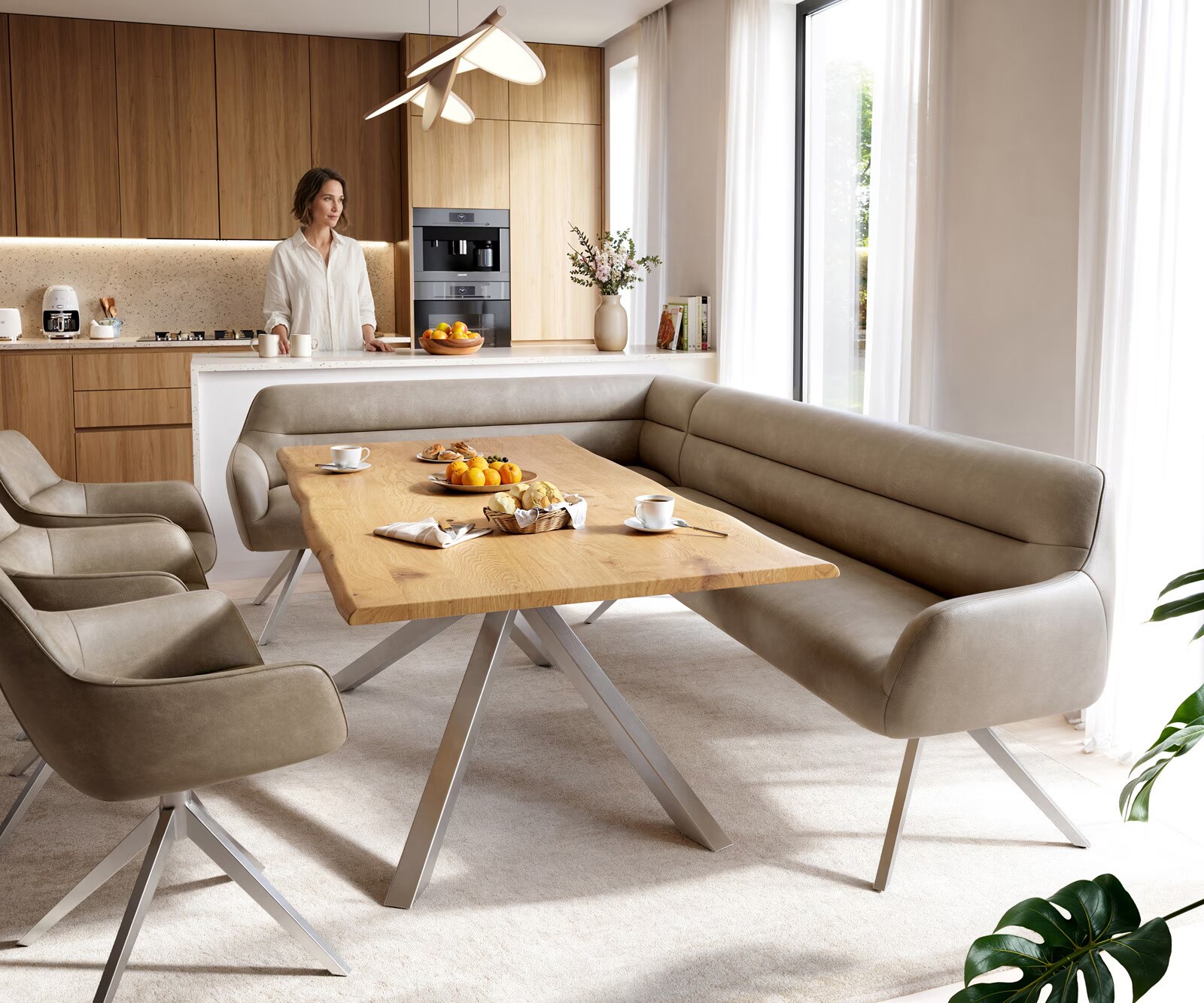 Esszimmerbank Taya-Flex 285x190 cm Mikrofaser Beige Vintage Kreuzgestell kantig Edelstahl Taschenfederkern Rechts 1