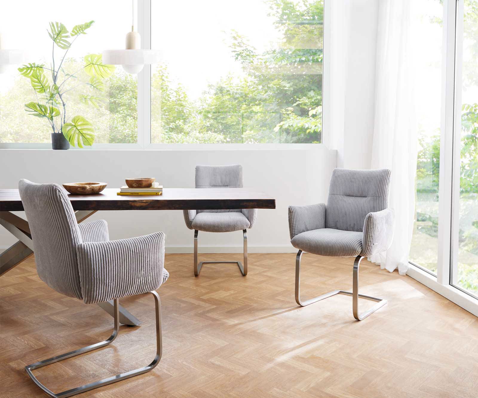 Cantilever Jova-Flex avec accoudoirs côtelé gris argenté pied cantilever plat acier inoxydable brossé ressorts ensachés 5