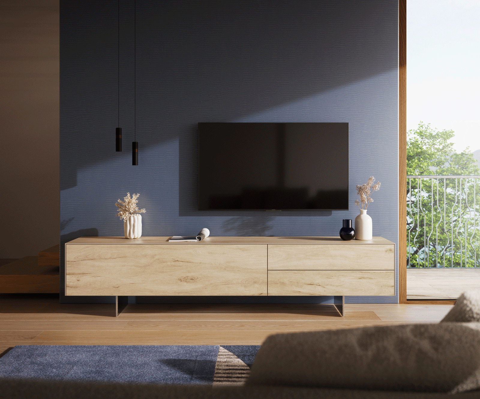Lowboard Cuor 220 cm Keramik Laminam® Sabbia Eichefarbig 1 Klappe 2 Schubfächer Fuß Schwebeoptik Edelstahl 2