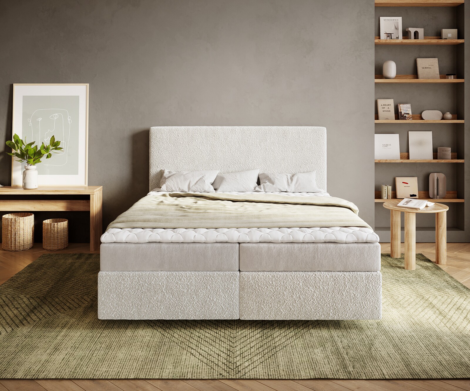 Lit-à-sommier-tapissier Dream-Well 160x200 cm Bouclé Crème-Blanc avec matelas et surmatelas 1