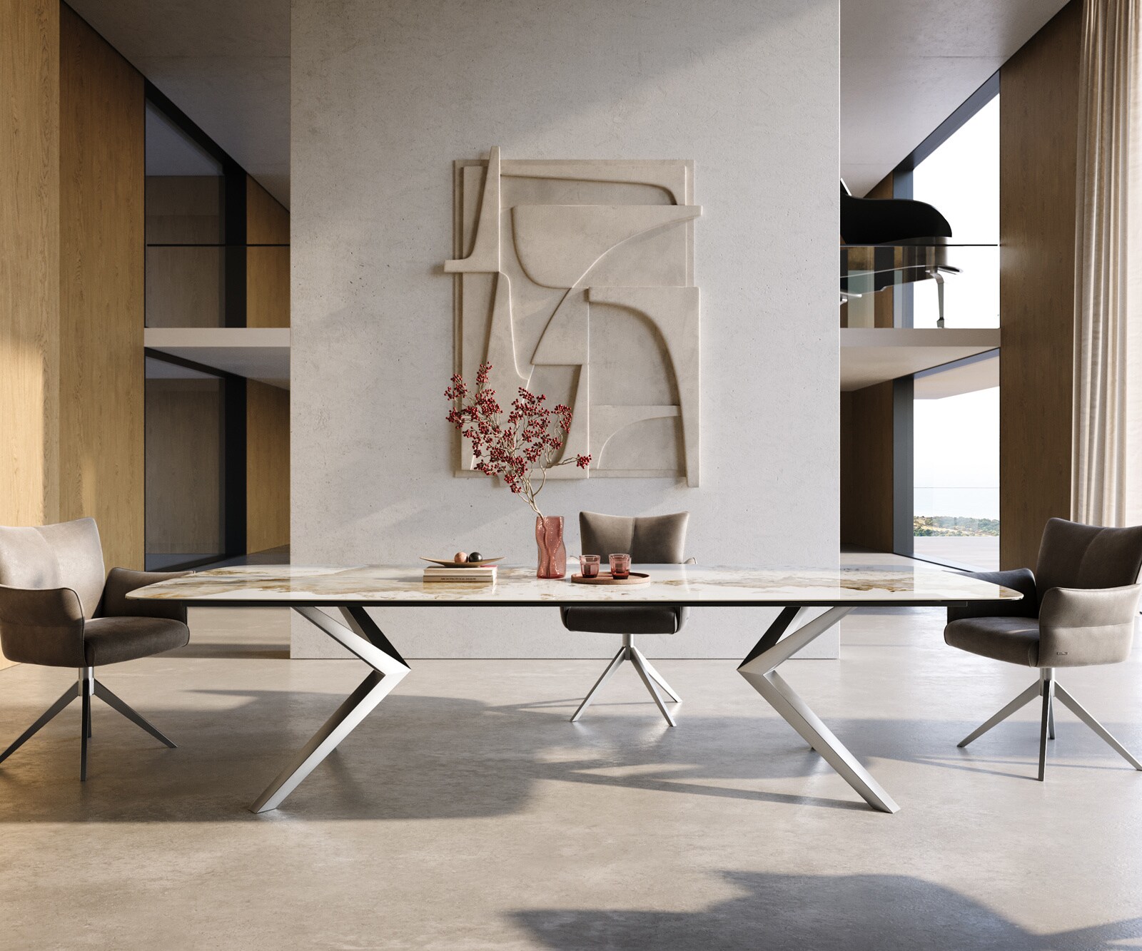 Esstisch Edge Boot 300x120 cm Keramik Minas Melange Weiß-Beige Zenthara kantig Edelstahl 2