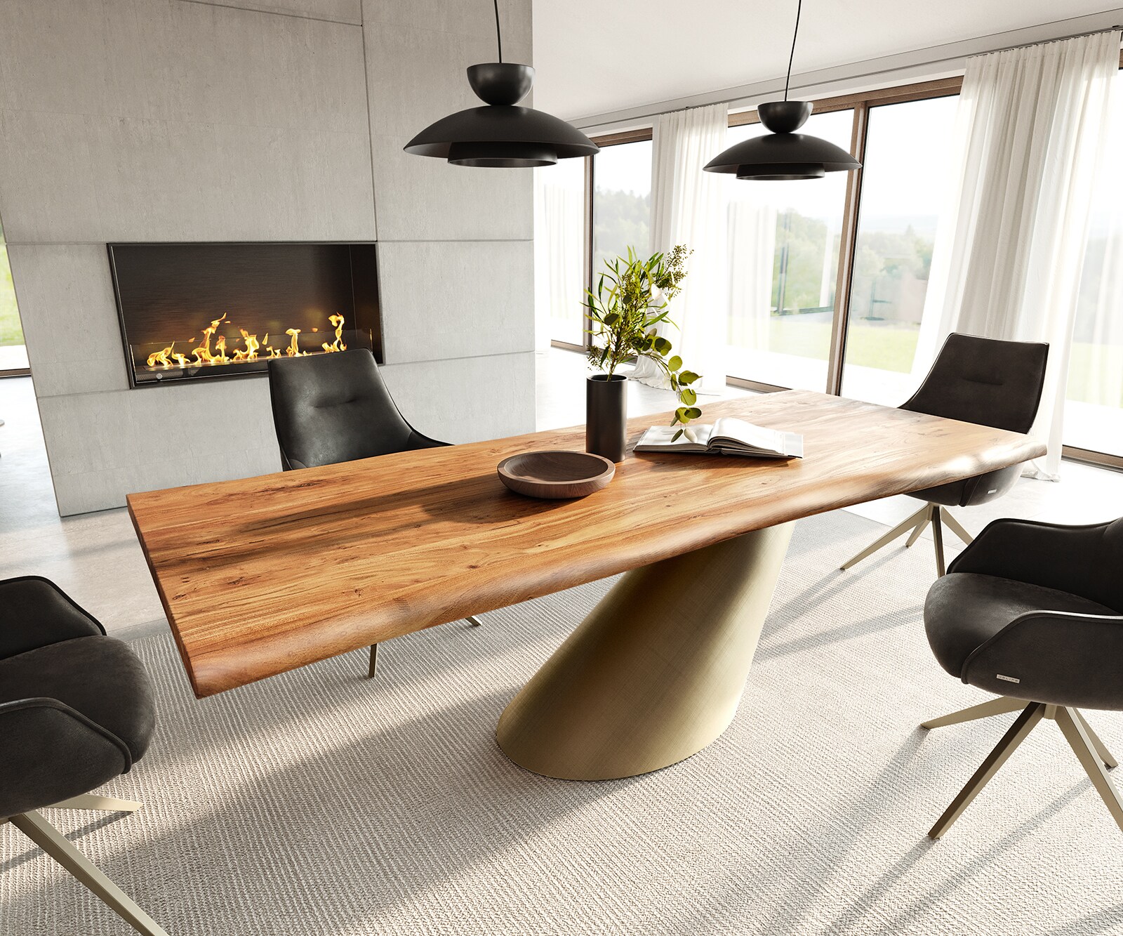 Table à manger Edge 240x100 acacia naturee Cono métallique doré Live-Edge