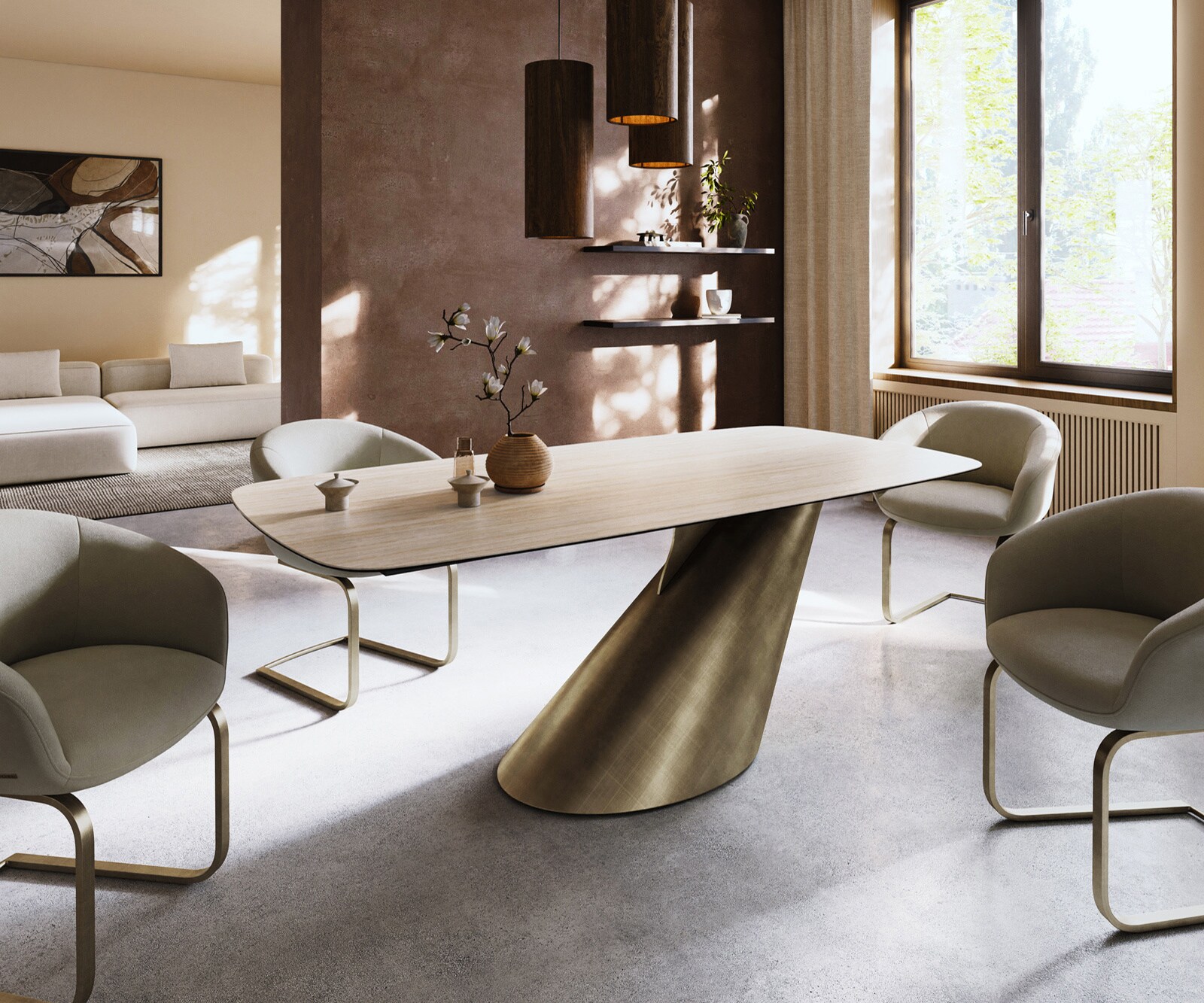 Table à manger Edge Boot 200x100 céramique Laminam® Travertino Bianco crème-blanc Cono métallique doré 2