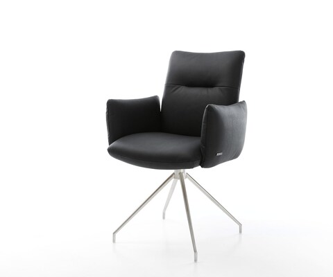 Chaise-pivotante Jova-Flex avec accoudoirs cuir de vache noir pied croisé conique acier inoxydable brossé pivotement sur 180° ressorts ensachés