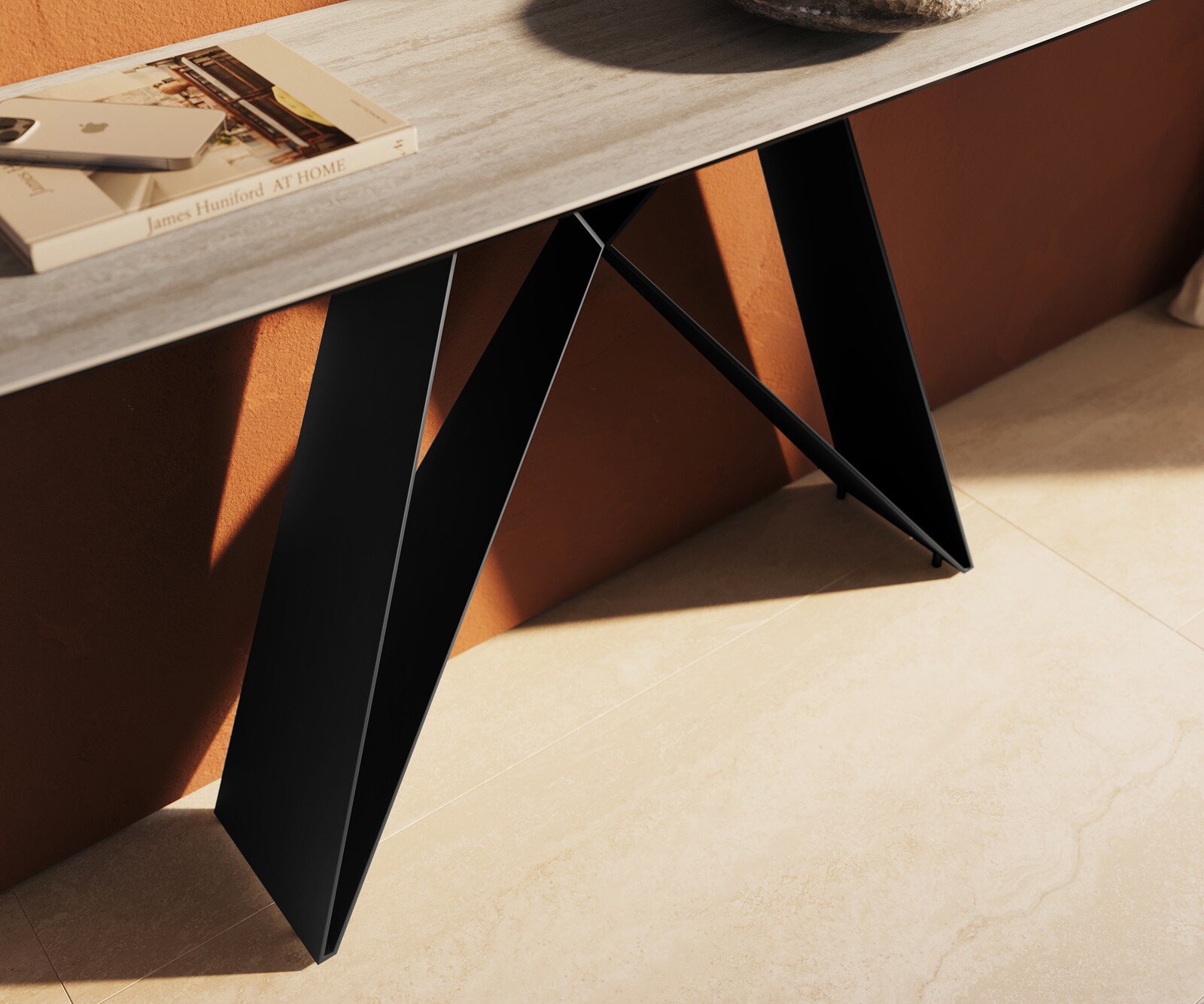 Console Edge forme bateau 180x40 cm Céramique Laminam® Travertino Bianco Creme-Weiß Velio Métal Noir 5