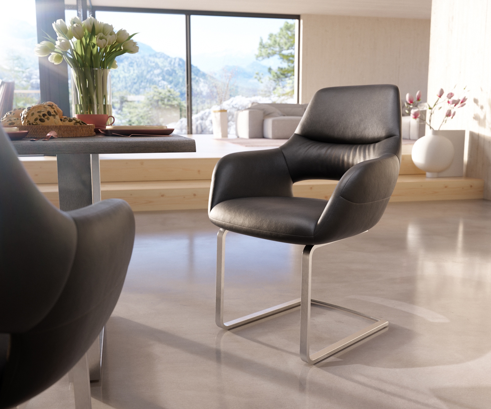 Freischwinger Yago-Flex mit Armlehnen Echt-Leder Schwarz Freischwinger flach Edelstahl Taschenfederkern Freischwinger Yago-Flex mit Armlehnen Echt-Leder Schwarz Freischwinger flach Edelstahl Taschenfederkern