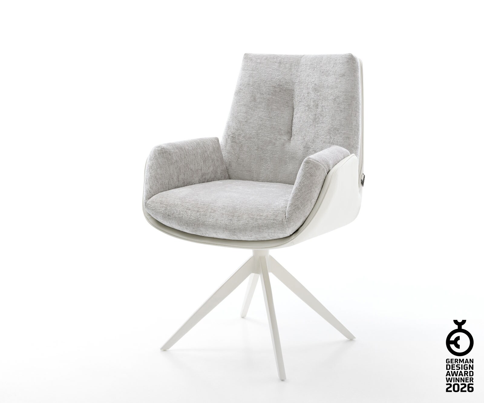 Drehstuhl Clea-Flex Materialmix Echtleder Weiß-Silbergrau Kreuzgestell breit Weiß 360° drehbar Wippfunktion