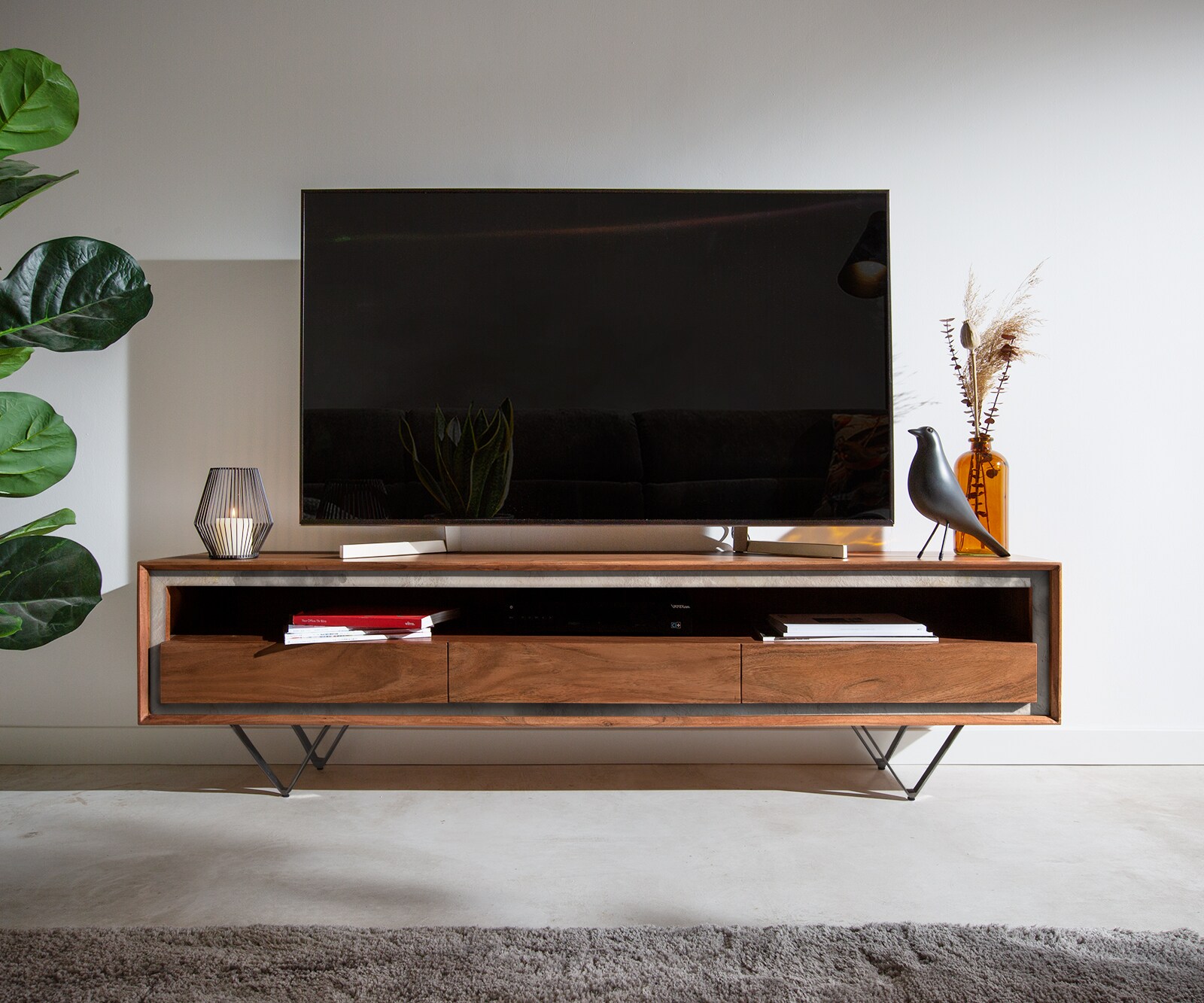 Meuble-TV Stonegrace 175 cm acacia marron plaqué pierre 3 tiroirs 1 compartiment pied en V noir 1