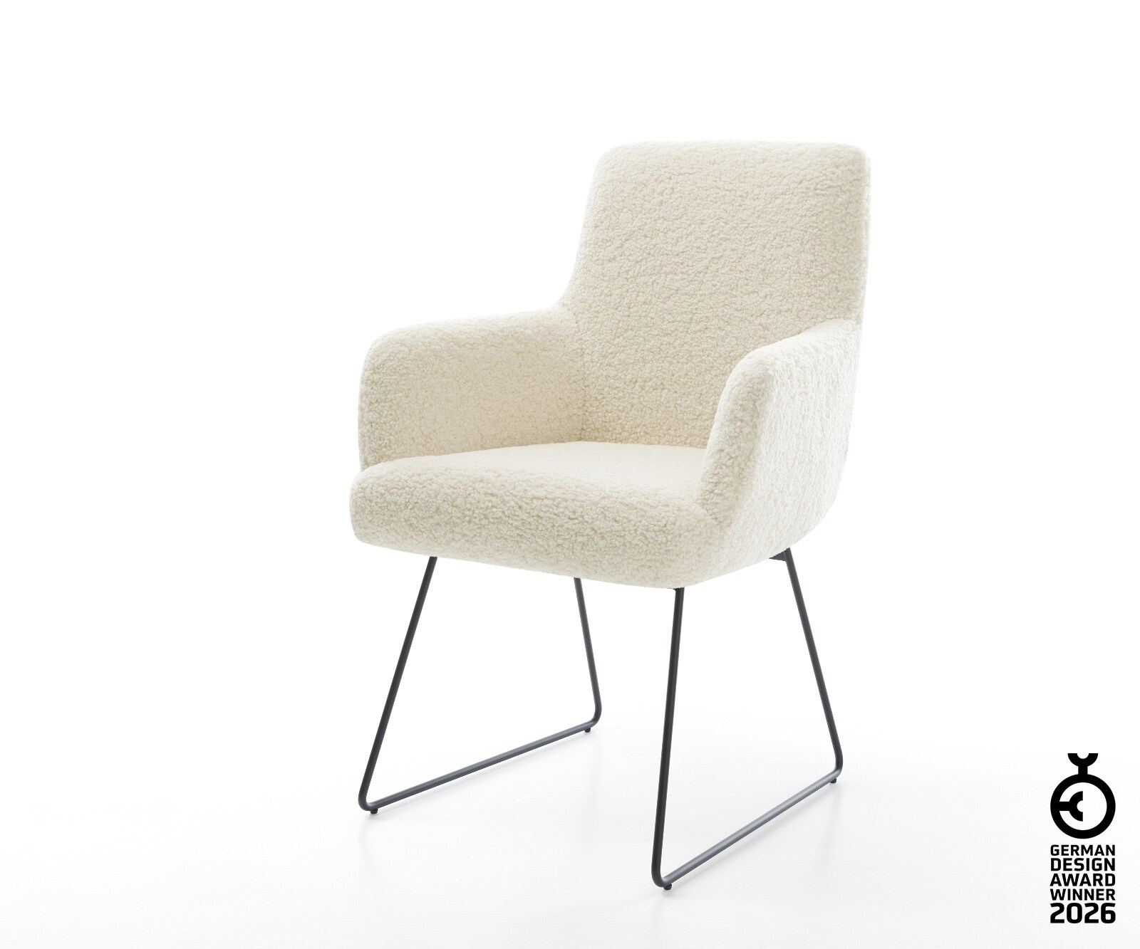 Chaise-de-salle-à-manger Heira-Flex avec accoudoirs tissu teddy beige pied trapèze noir resorts ensachés 1