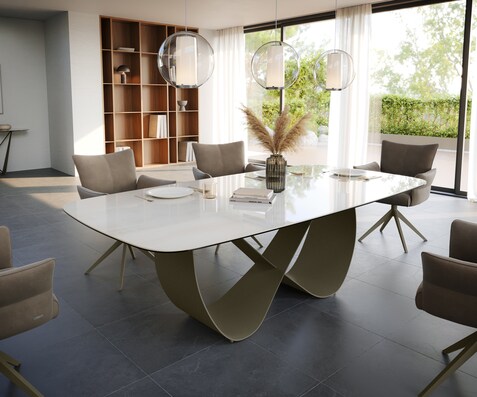 Table à manger Edge Boot 240x120 cm Céramique Onyx Champagne Infinity Métal Finition effet Titan