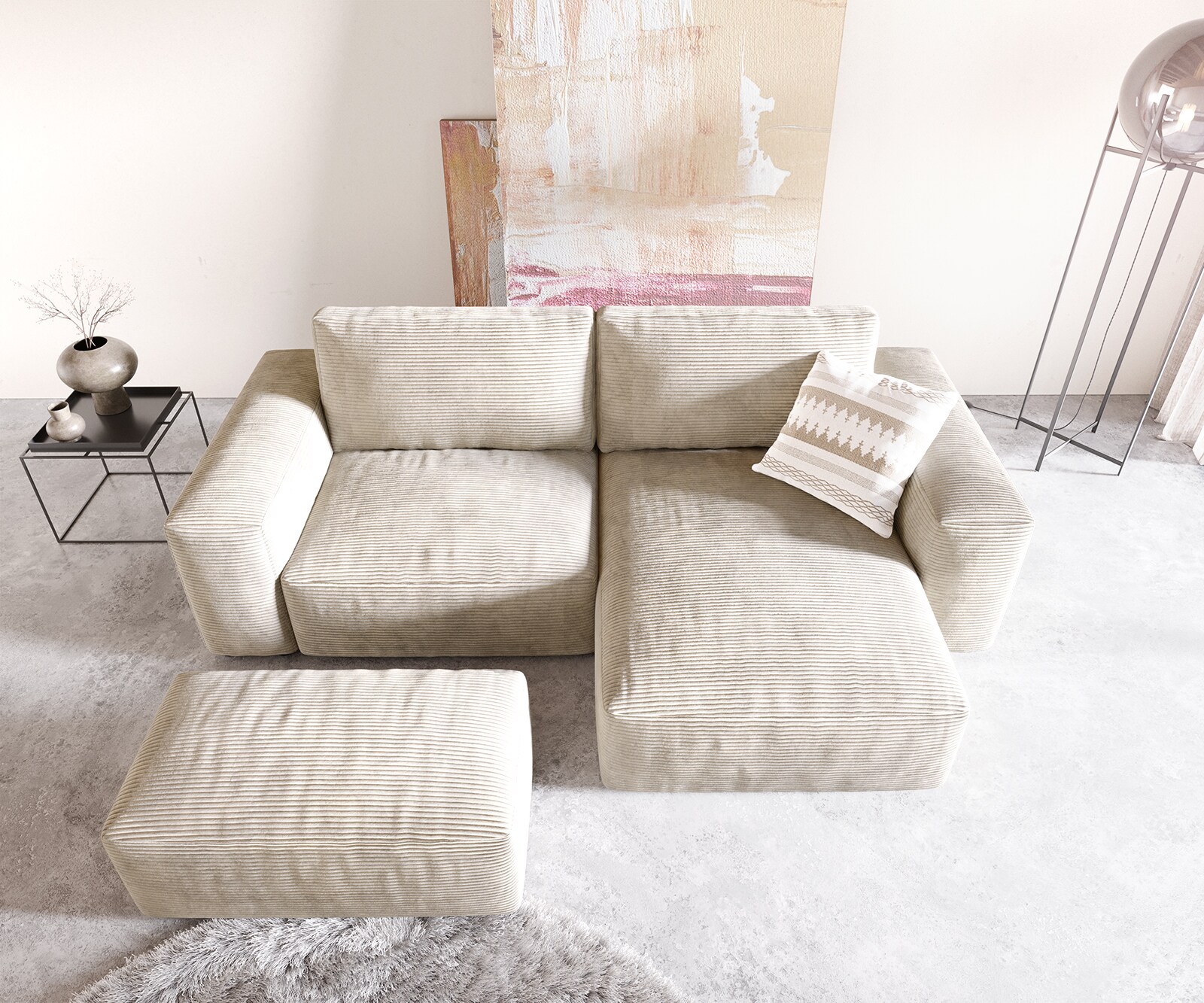 Canapé d’angle Lanzo 230x155 cm velours côtelé beige méridienne réversible avec pouf 3