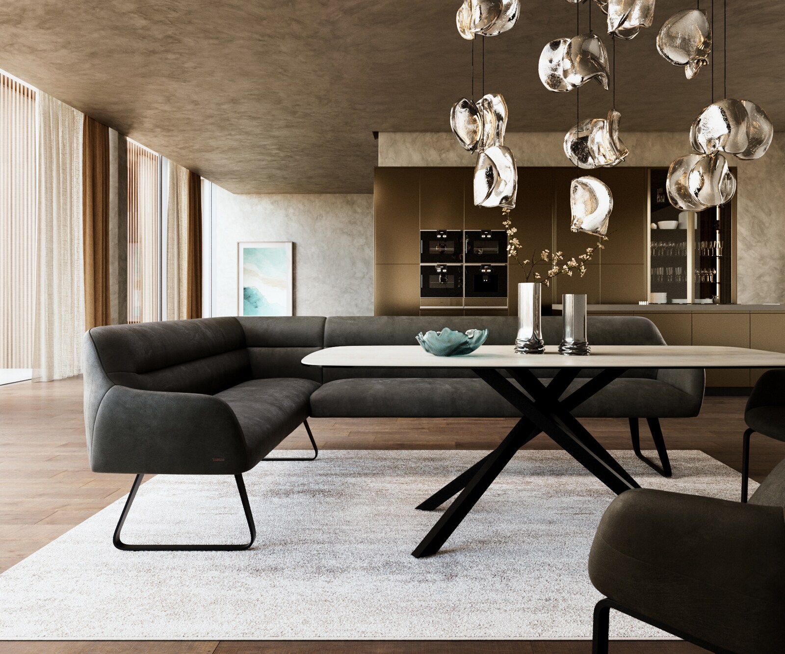 Banc-de-salle-à-manger Taya-Flex 285x190 cm microfibre antracite vintage châssis à patins plat noir ressort ensaché à droite 2