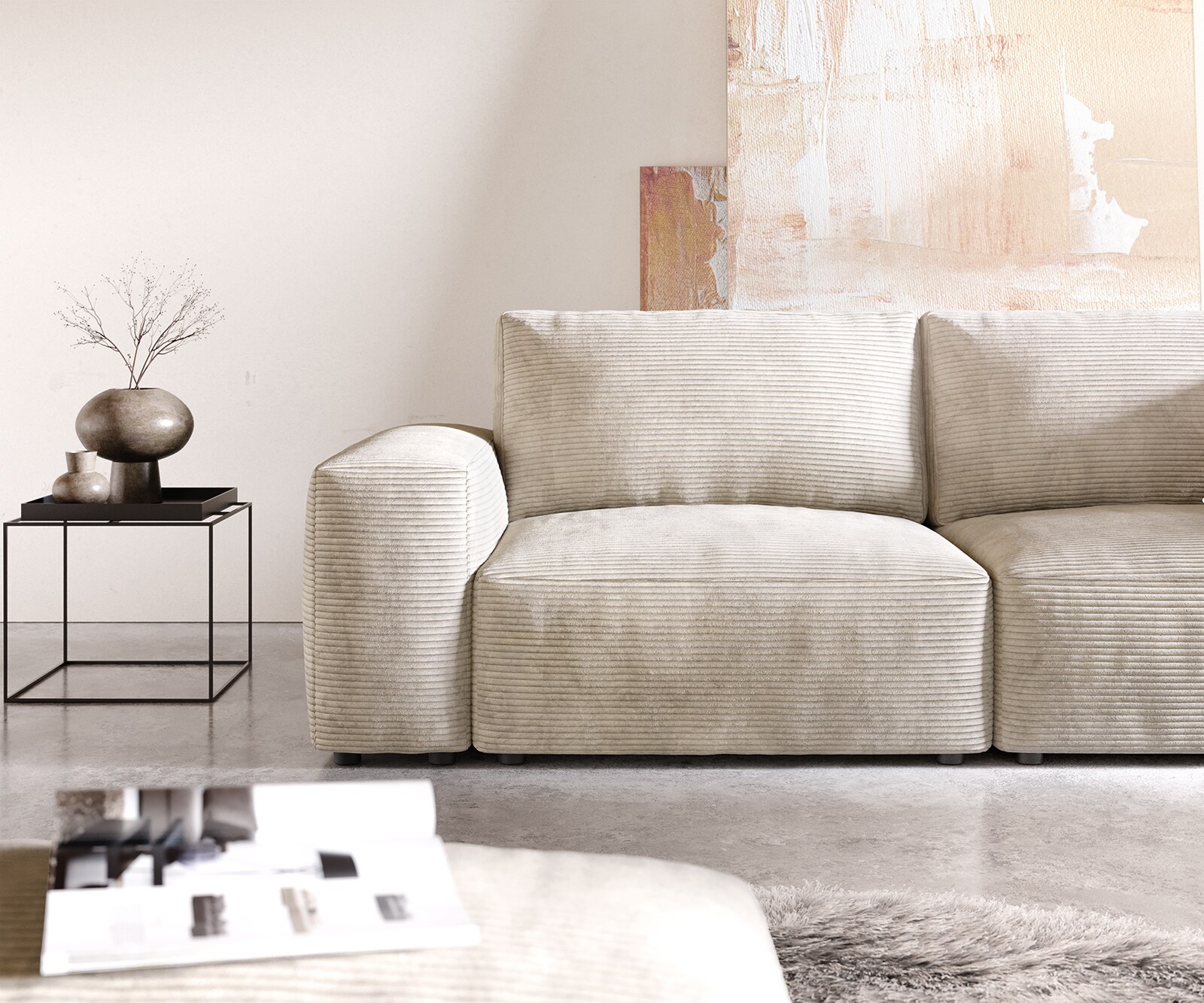 Big canapé Lanzo 230x95 cm velours côtelé beige avec pouf 4