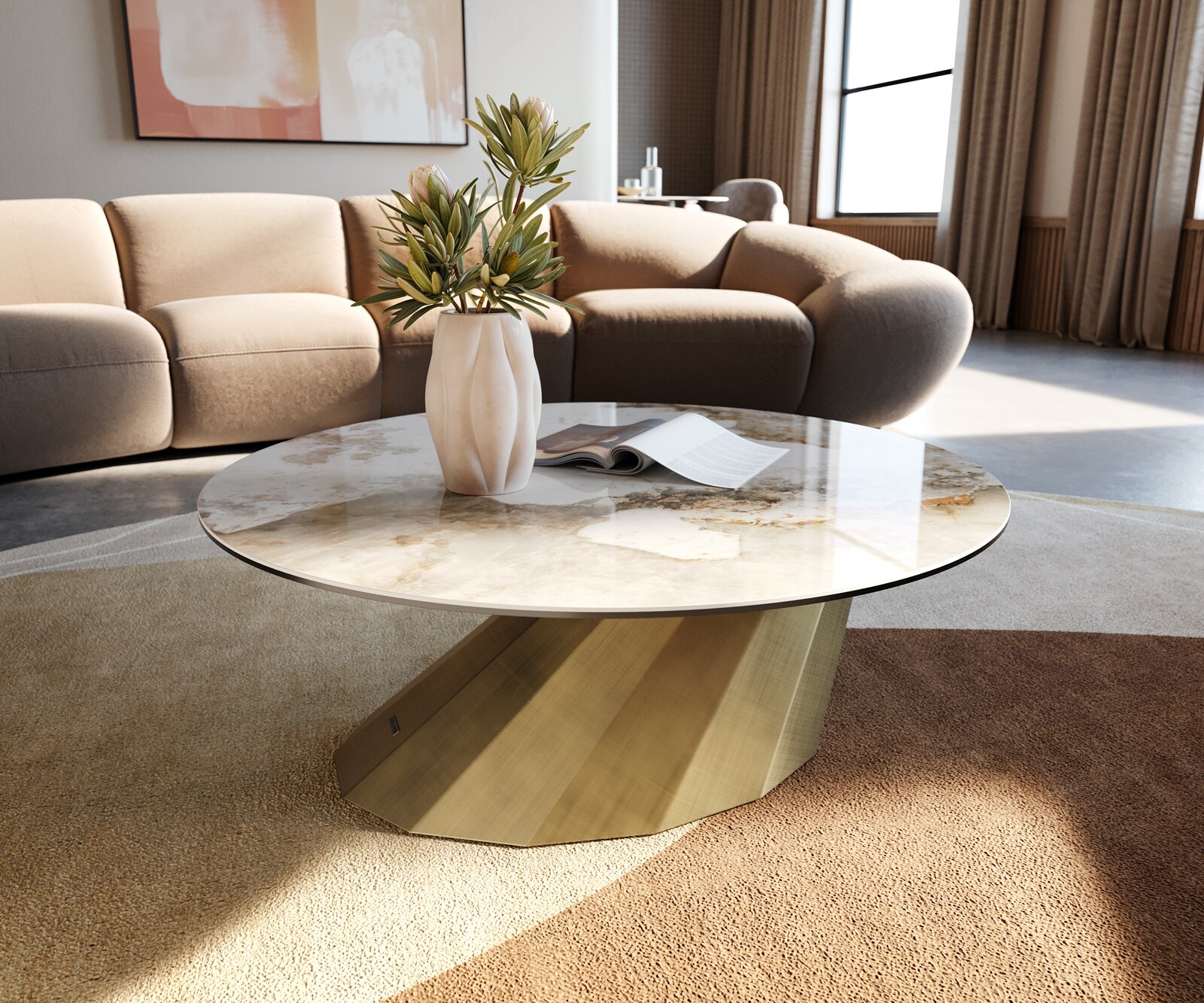 Table basse Edge rond 90x90 cm céramique Minas Melange Parabi doré métallique