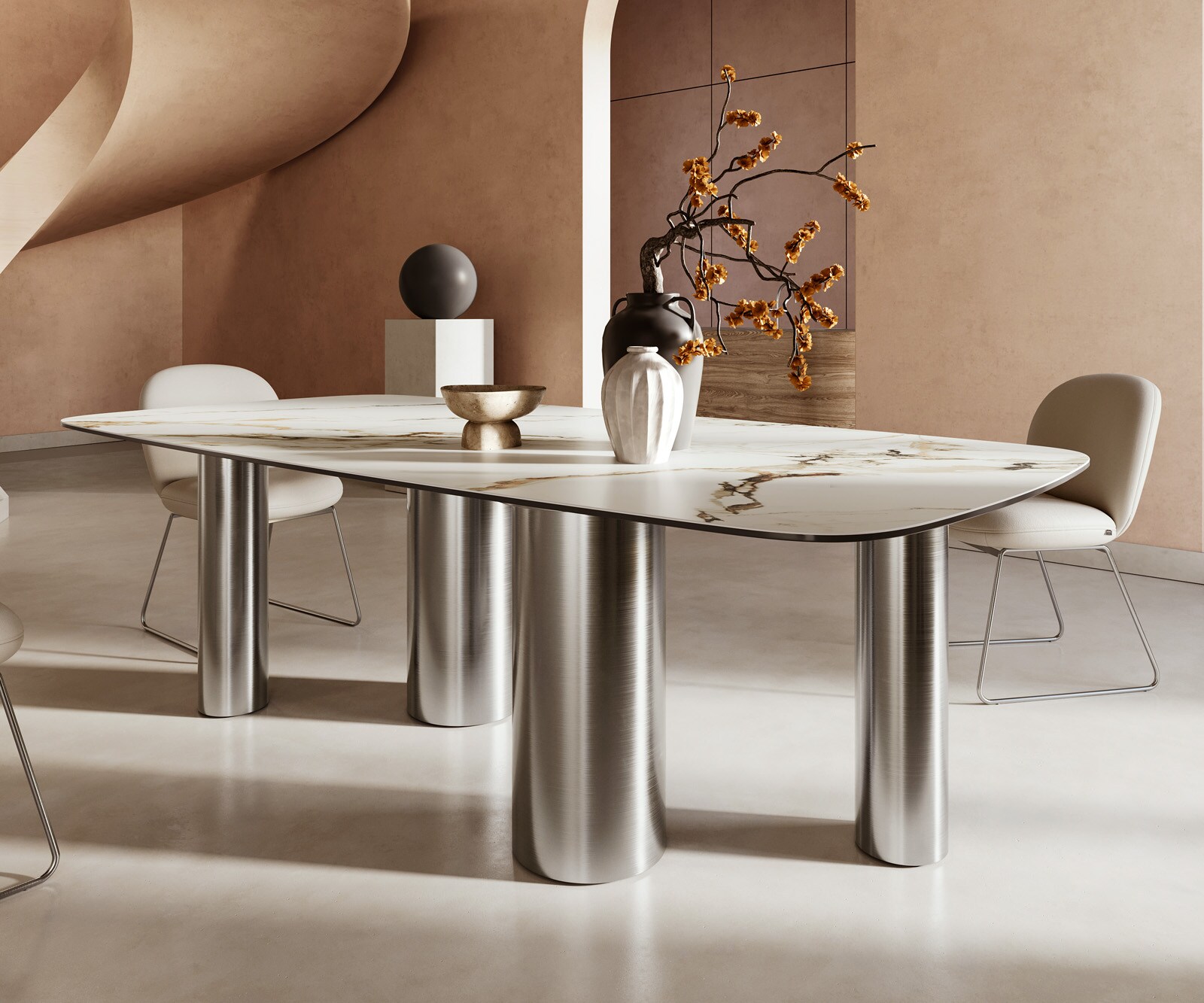 Esstisch Edge Boot 240x120cm Keramik Calacatta Luxe Weiß-Gold-Grau Pilier Edelstahl 5 Esstisch Edge Boot 240x120cm Keramik Calacatta Luxe Weiß-Gold-Grau Pilier Edelstahl 5